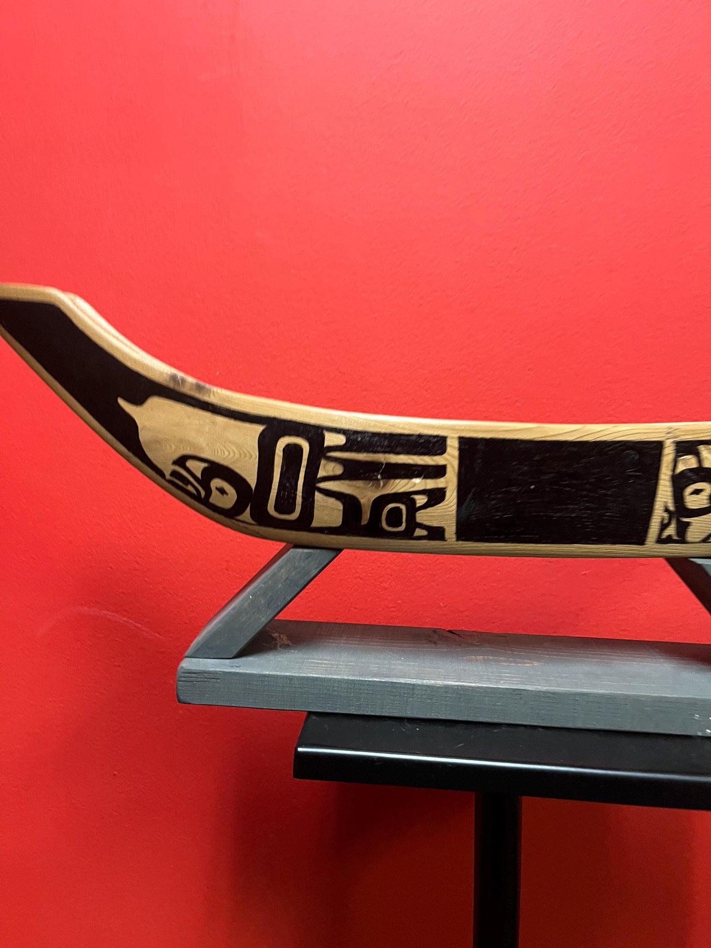 Amazing indigenous first Nations Pacific Northwest coast 21 x 3 x 2 1/2 cedar painted canoe on fitted stand  great value  Native canoe