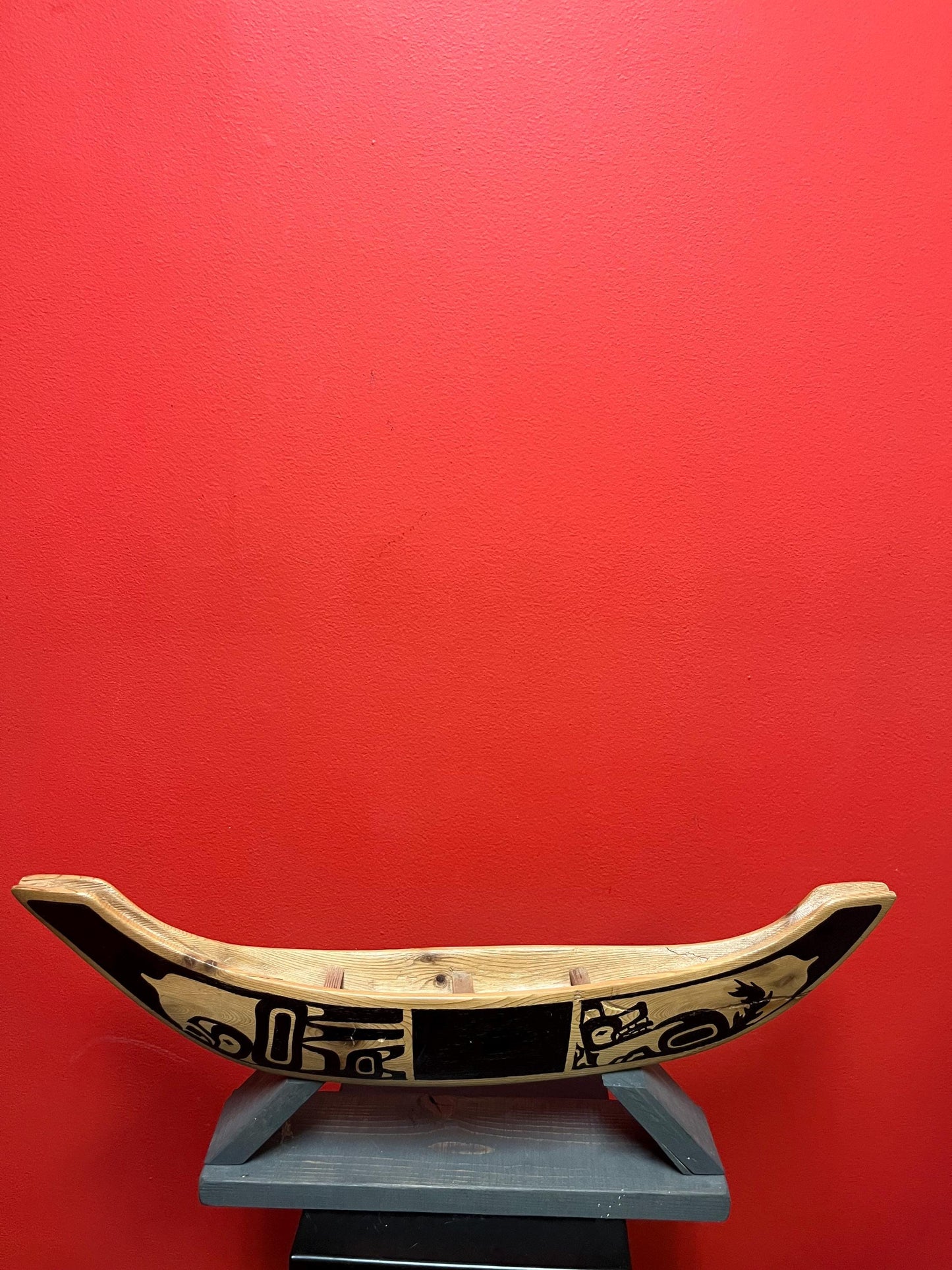 Amazing indigenous first Nations Pacific Northwest coast 21 x 3 x 2 1/2 cedar painted canoe on fitted stand  great value  Native canoe
