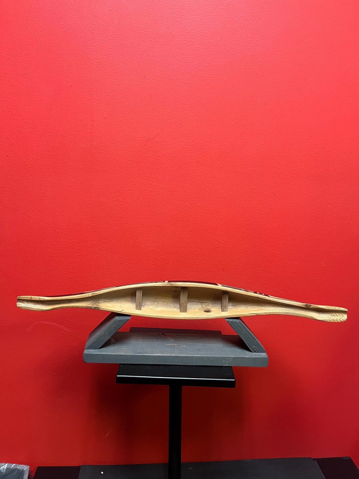 Amazing indigenous first Nations Pacific Northwest coast 21 x 3 x 2 1/2 cedar painted canoe on fitted stand  great value  Native canoe