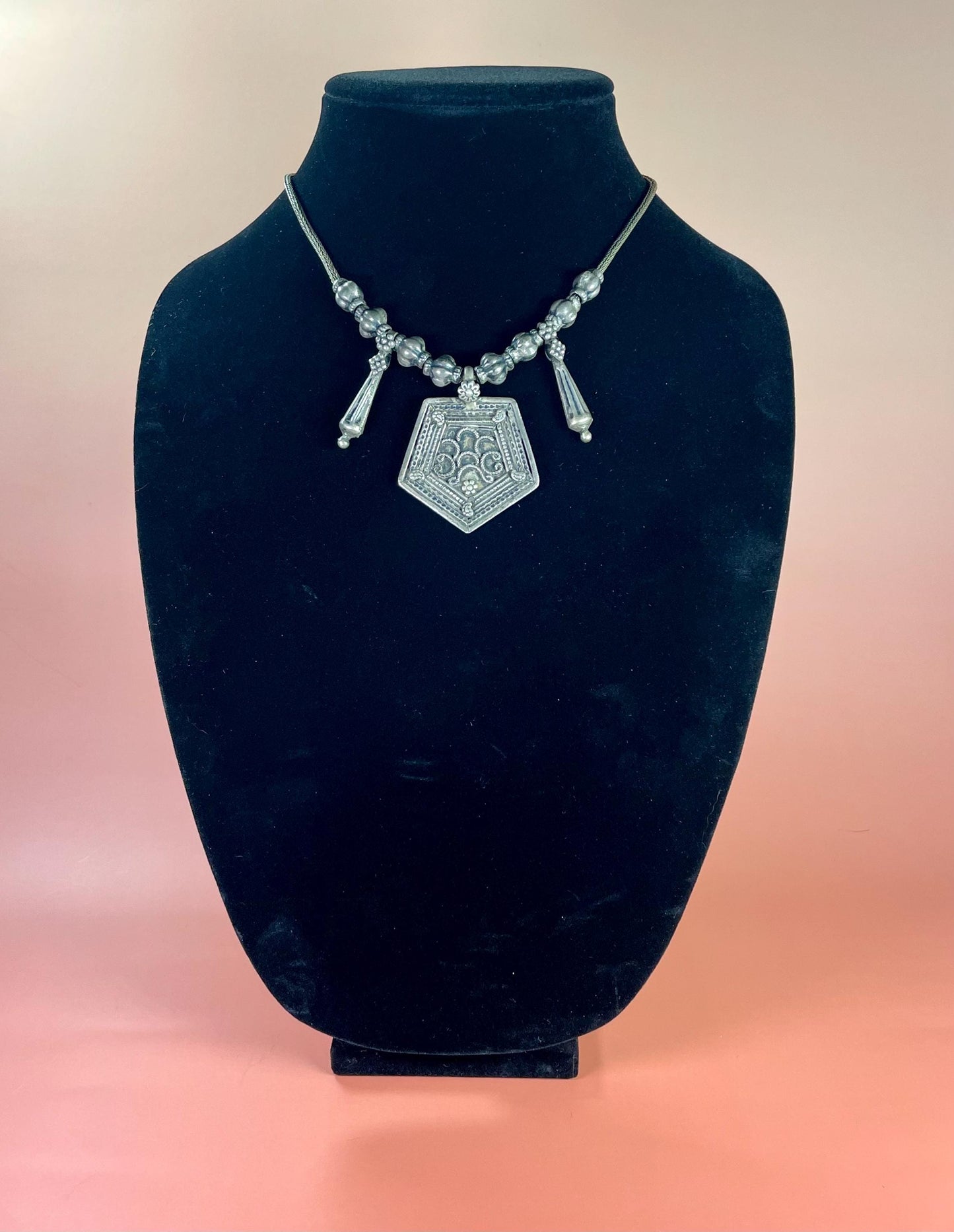 Intricately Designed Pentagon-Shaped Tibetan Necklace with Metal Drop Beads