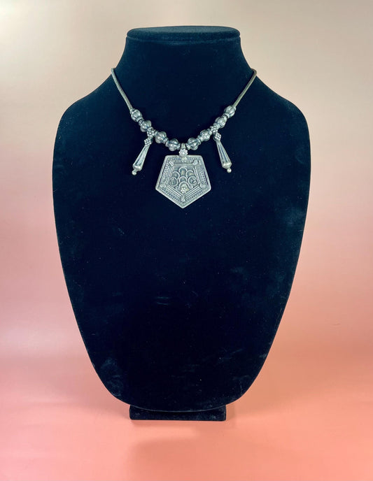 Intricately Designed Pentagon-Shaped Tibetan Necklace with Metal Drop Beads