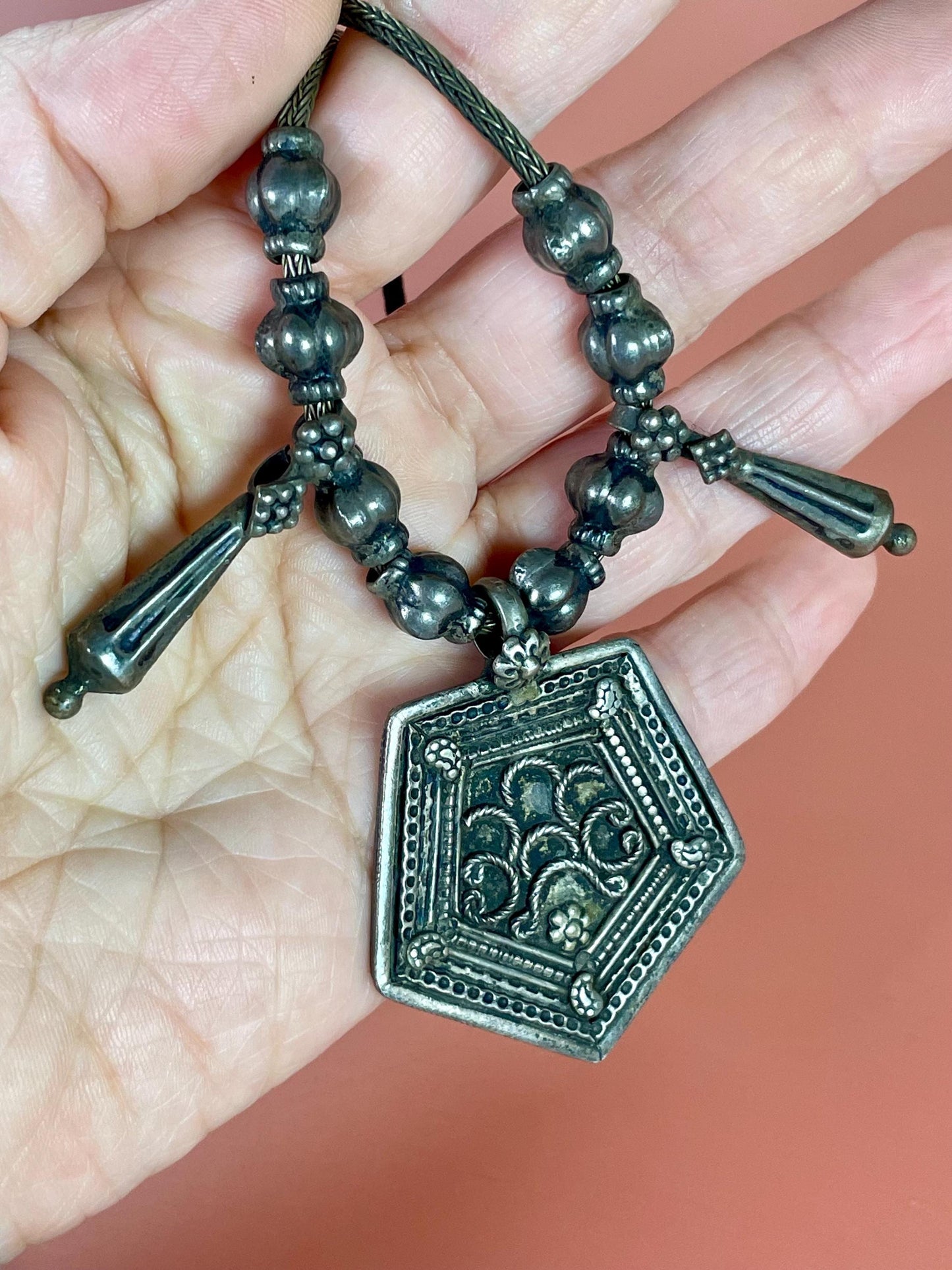 Intricately Designed Pentagon-Shaped Tibetan Necklace with Metal Drop Beads