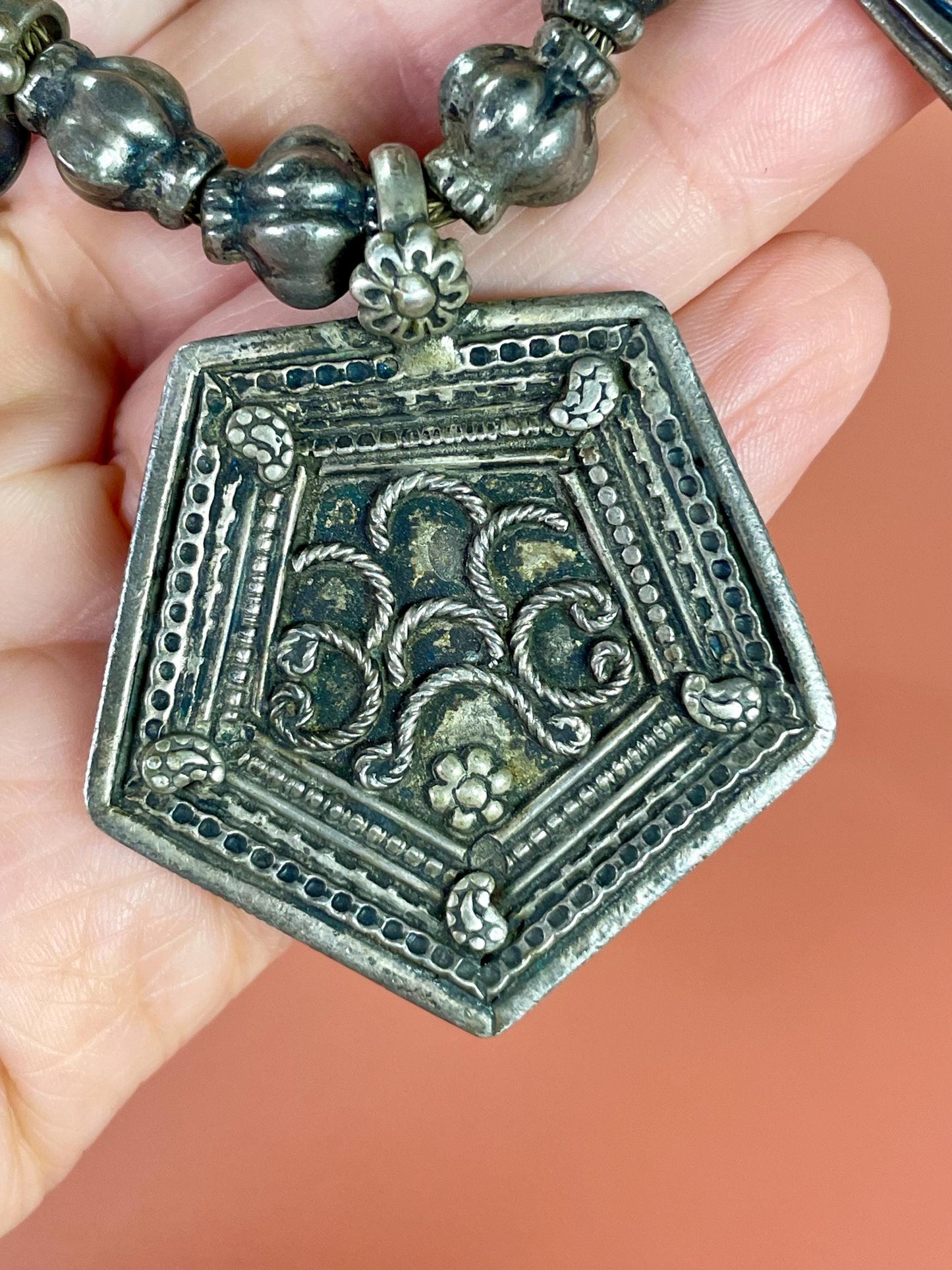 Intricately Designed Pentagon-Shaped Tibetan Necklace with Metal Drop Beads