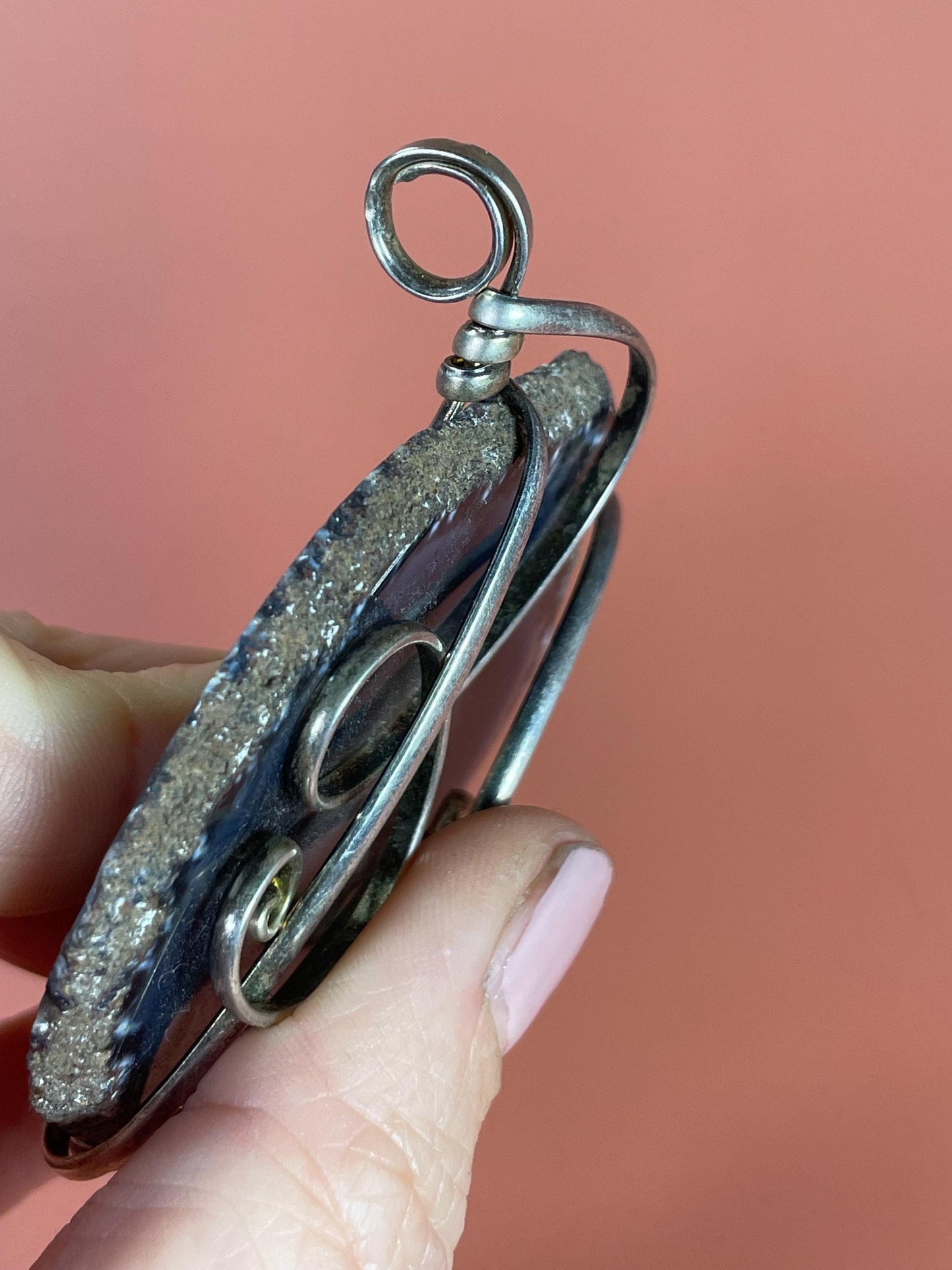 Silver Wire-Wrapped Polished Geode Pendant 3.25 inches