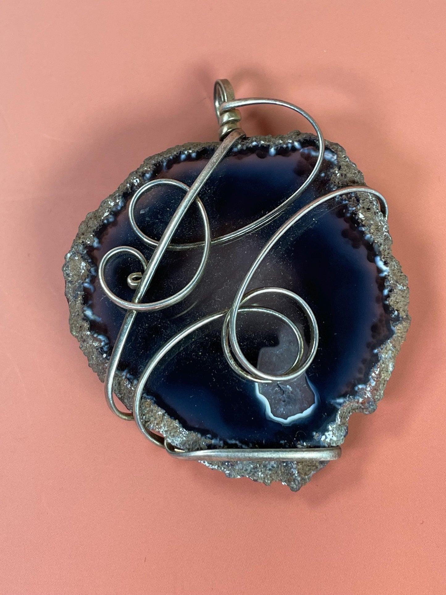 Silver Wire-Wrapped Polished Geode Pendant 3.25 inches