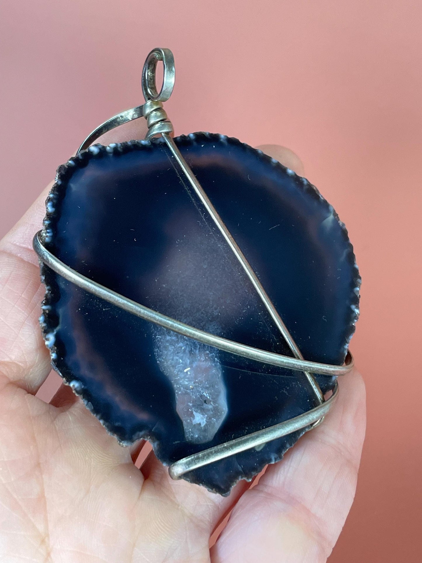 Silver Wire-Wrapped Polished Geode Pendant 3.25 inches