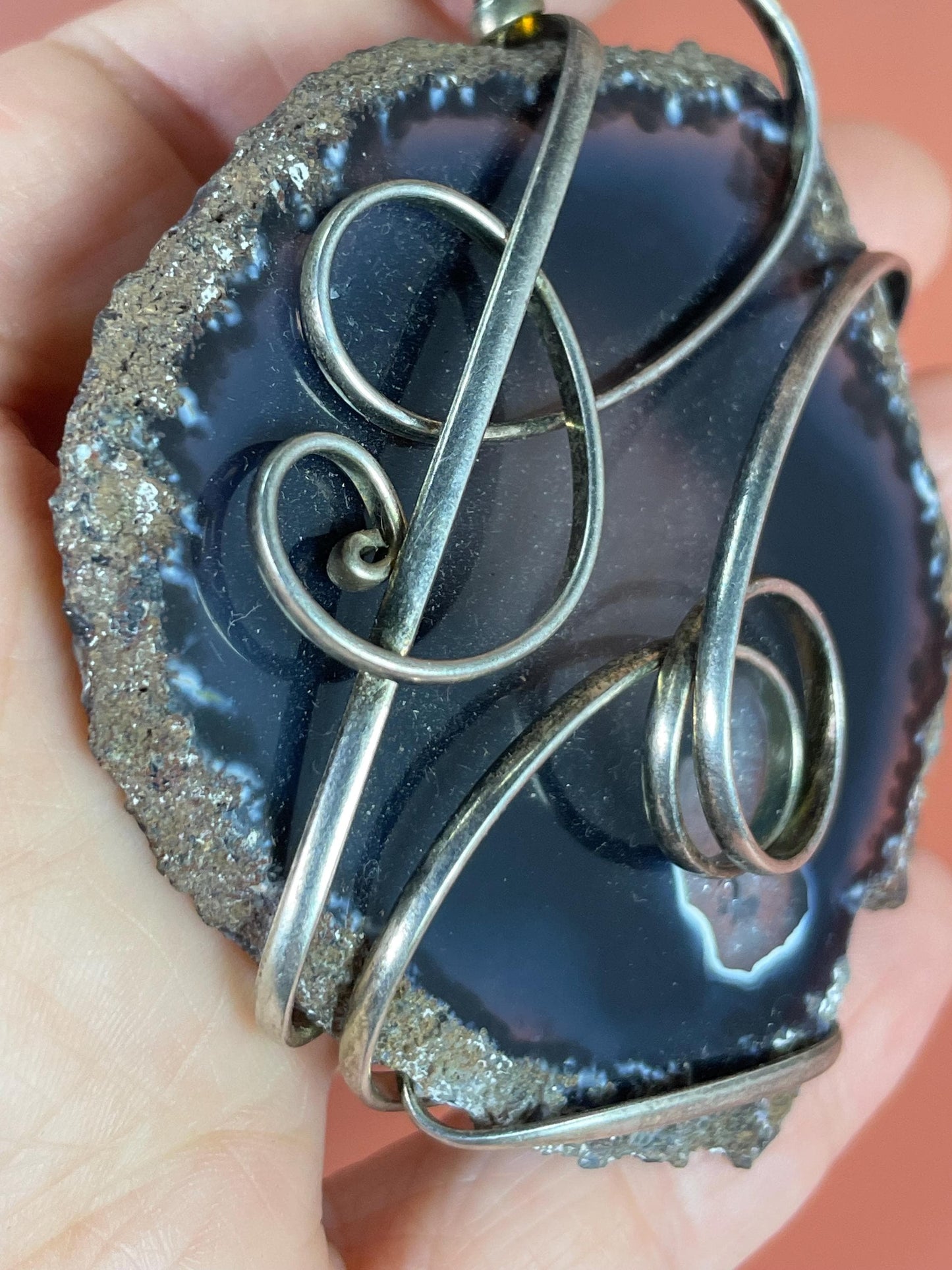 Silver Wire-Wrapped Polished Geode Pendant 3.25 inches