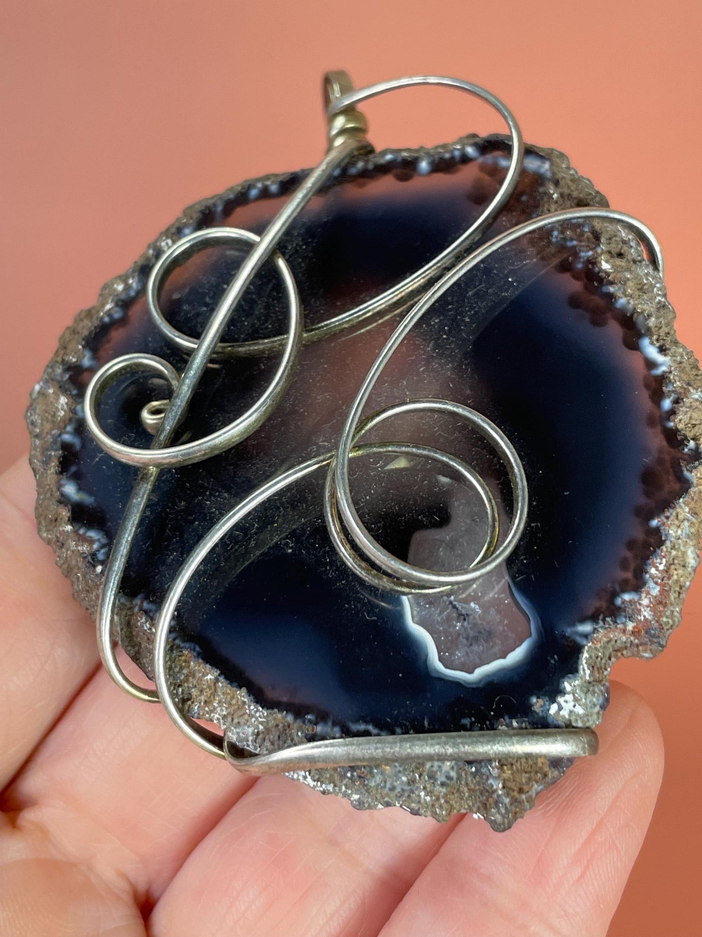 Silver Wire-Wrapped Polished Geode Pendant 3.25 inches