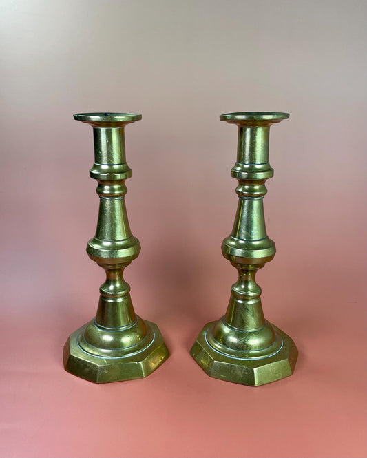 A  Pair antique brass candlesticks  7.5 inches tall
