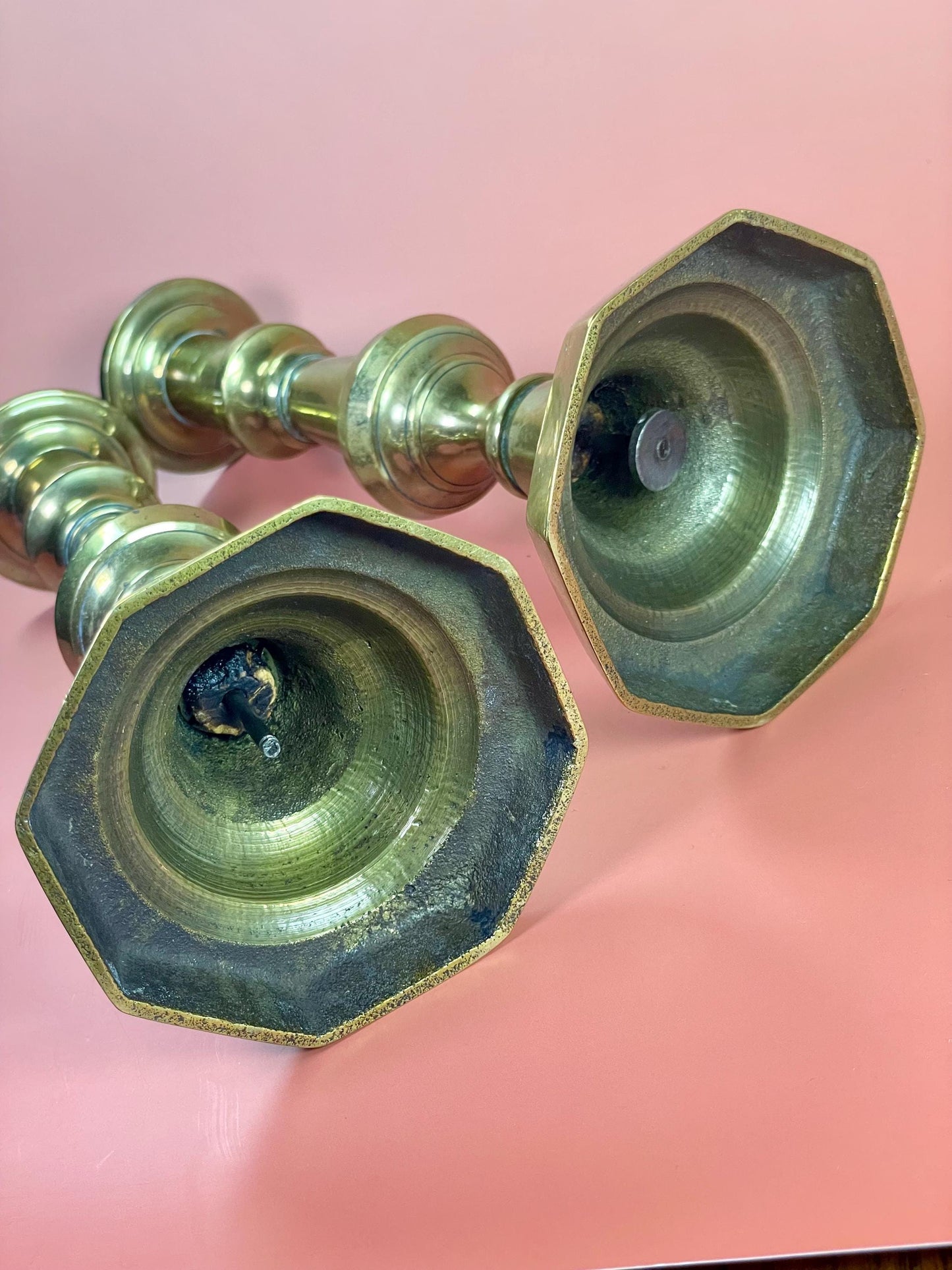 A  Pair antique brass candlesticks  7.5 inches tall