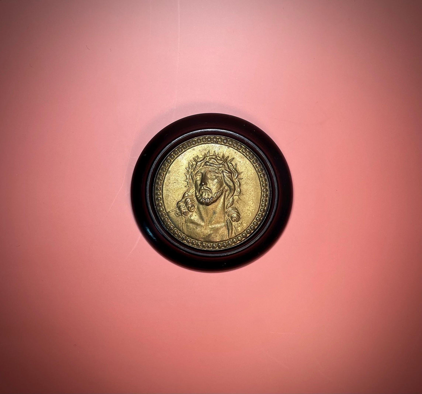 Antique Brass and Wood Religious Plaque Jesus Face