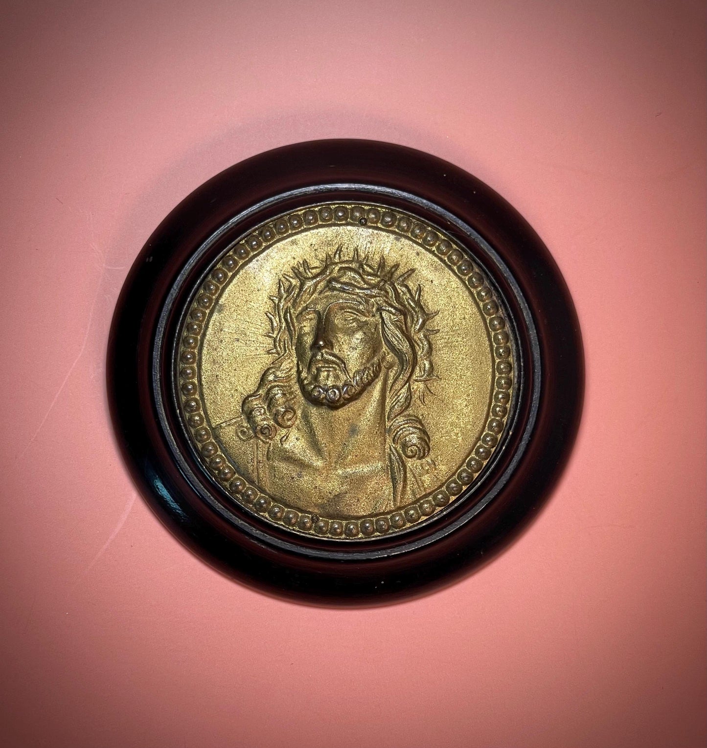 Antique Brass and Wood Religious Plaque Jesus Face