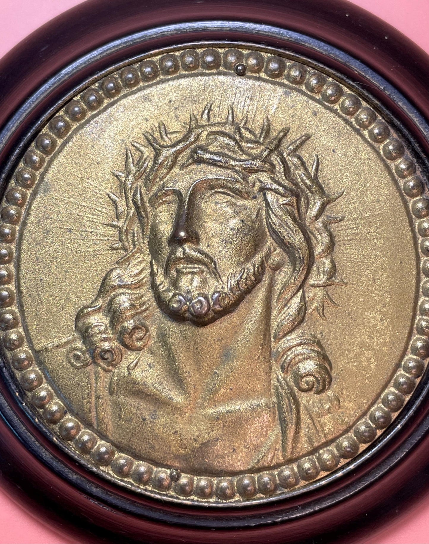 Antique Brass and Wood Religious Plaque Jesus Face