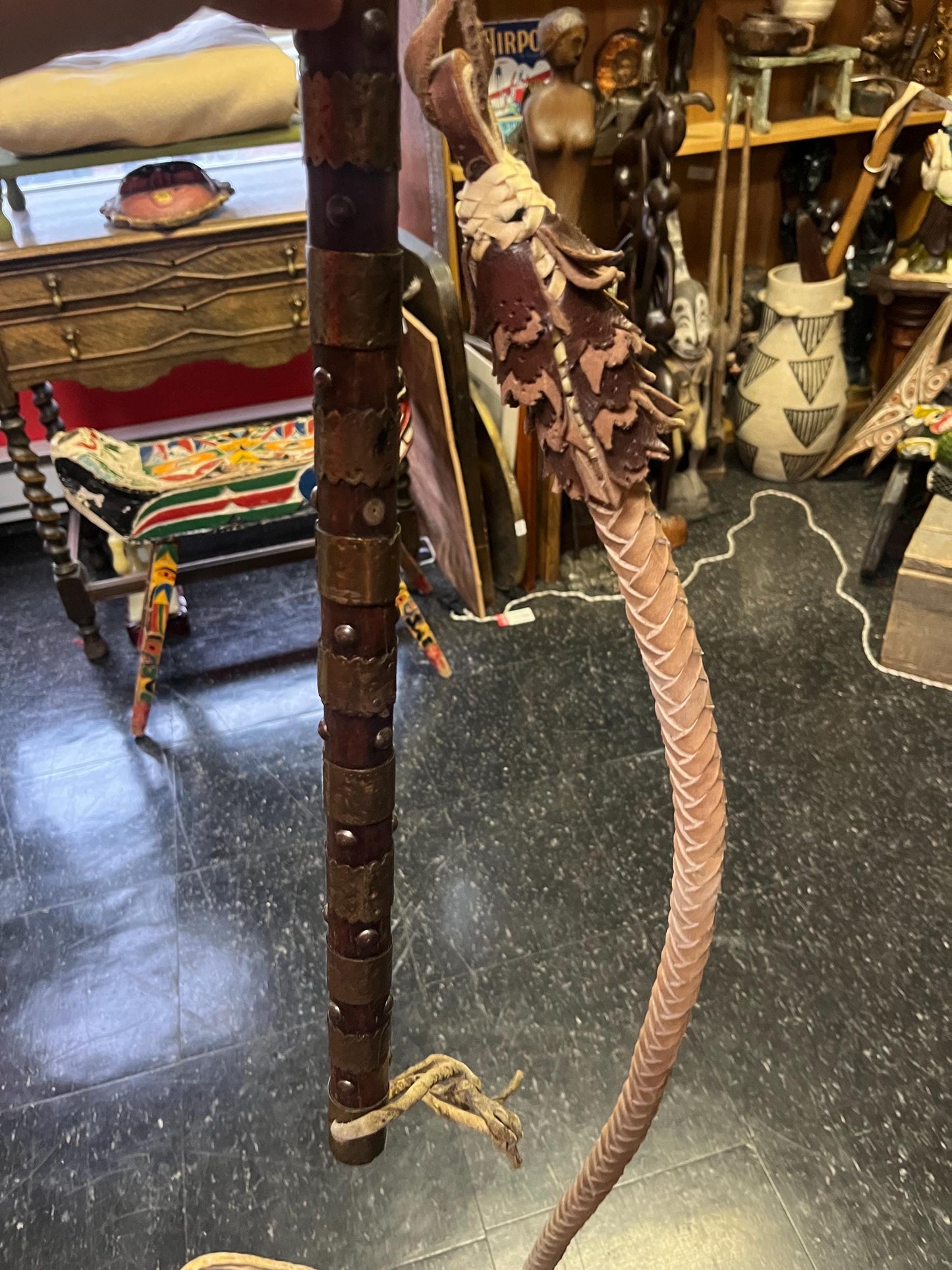 Ridiculously cool 90 inch long  antique Persian brass wood and leather bull whip  great detail and amazing condition