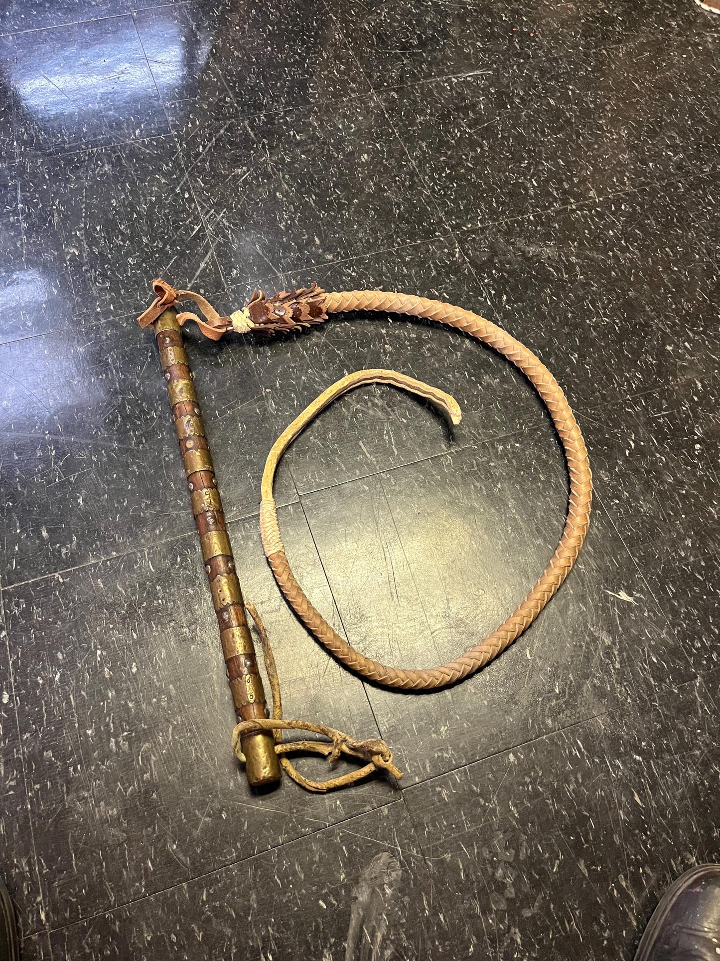 Ridiculously cool 90 inch long  antique Persian brass wood and leather bull whip  great detail and amazing condition