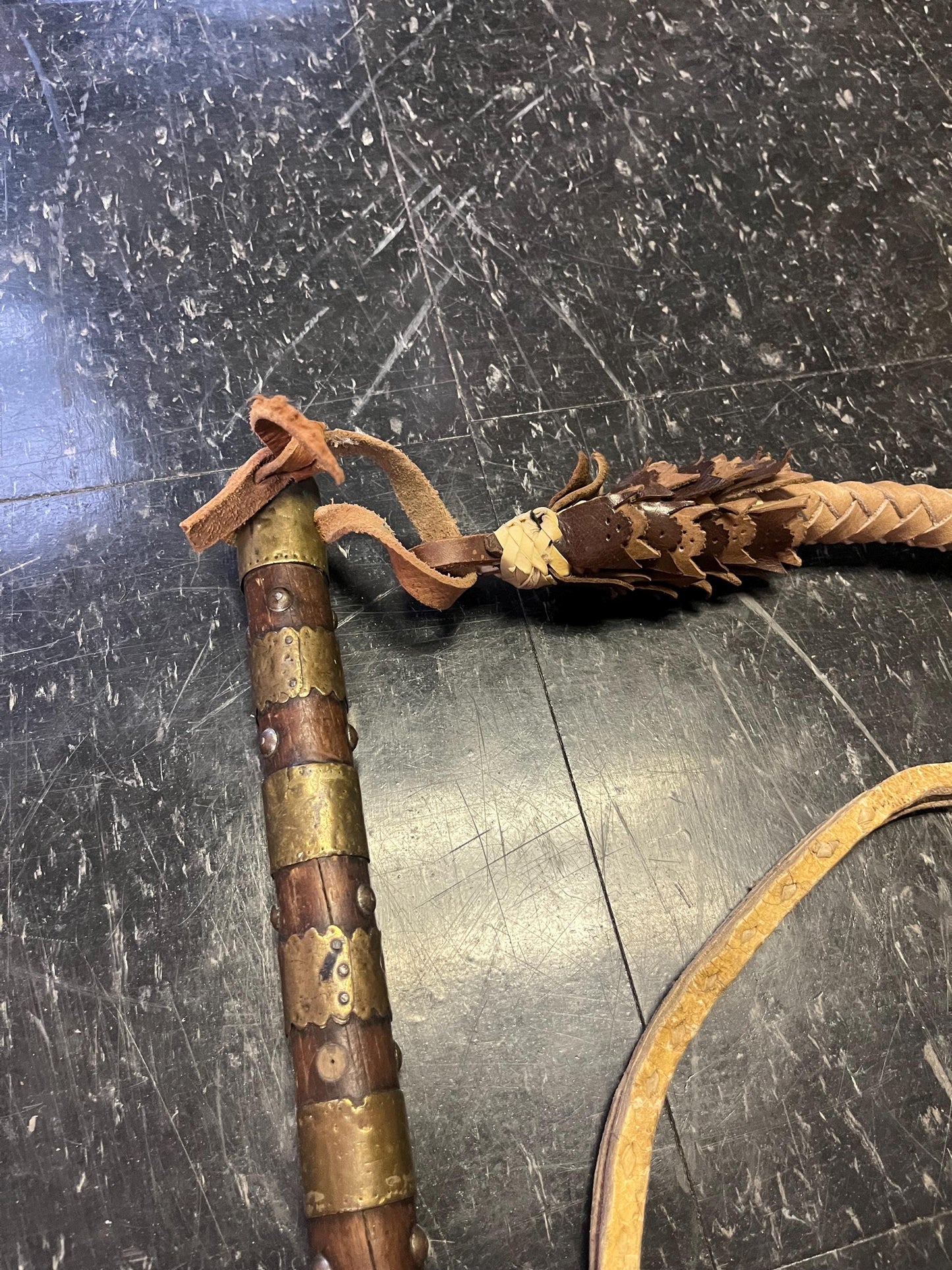 Ridiculously cool 90 inch long  antique Persian brass wood and leather bull whip  great detail and amazing condition