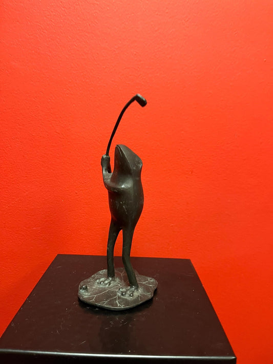 Lovely 8 inch tall bronze frog golfing statue  great patina  wonderful gift
