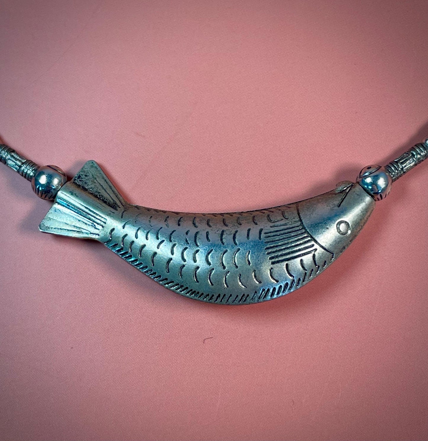 Adjustable Silver Choker Necklace with Fish Pendant  5 Inches