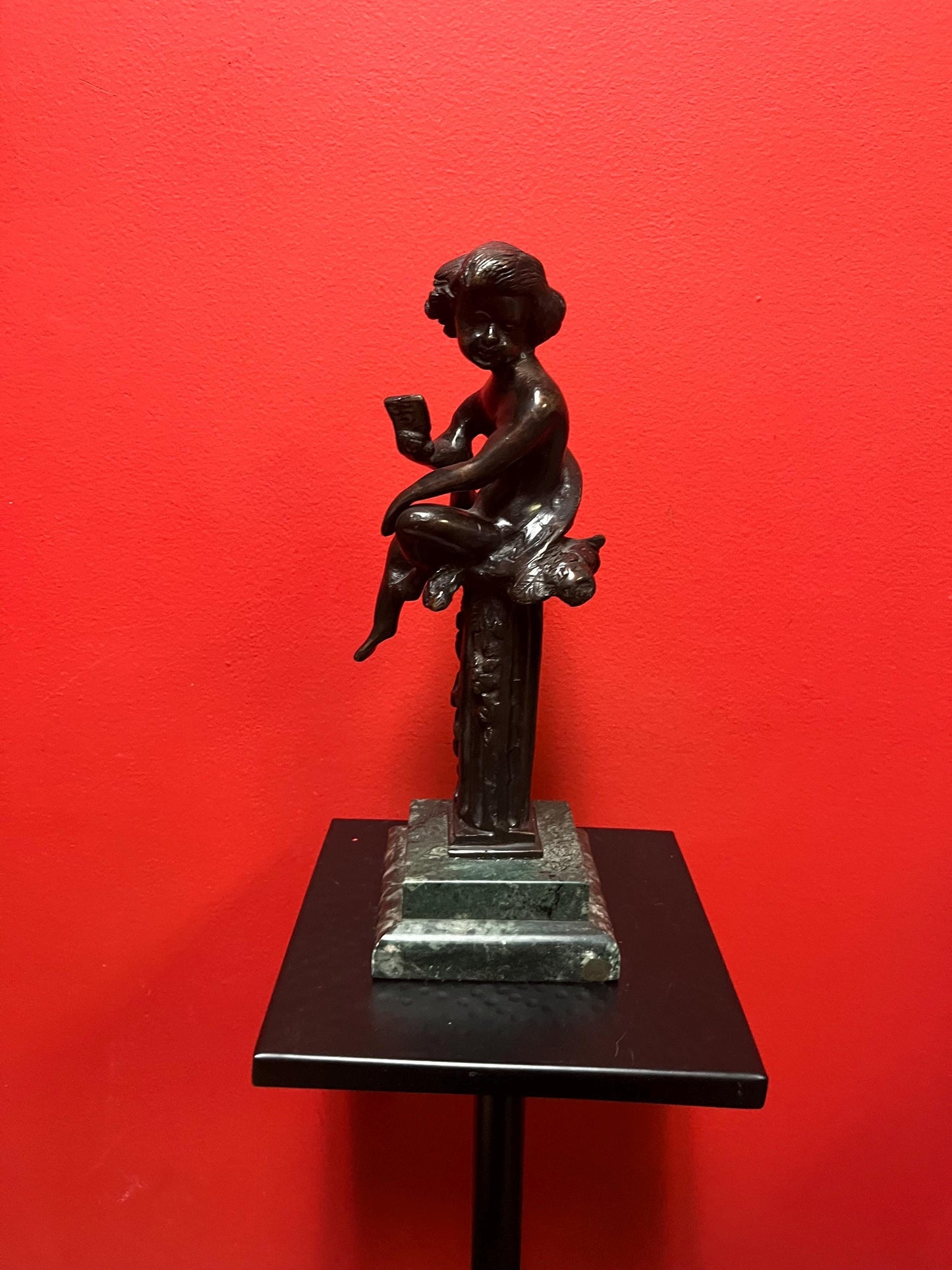 Special hot deal  antique bronze statue of a cherub on marble stand  12 inches tall and 2.8 kg  magnificent patina wow