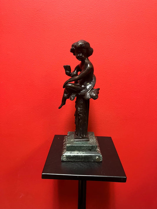 Special hot deal  antique bronze statue of a cherub on marble stand  12 inches tall and 2.8 kg  magnificent patina wow