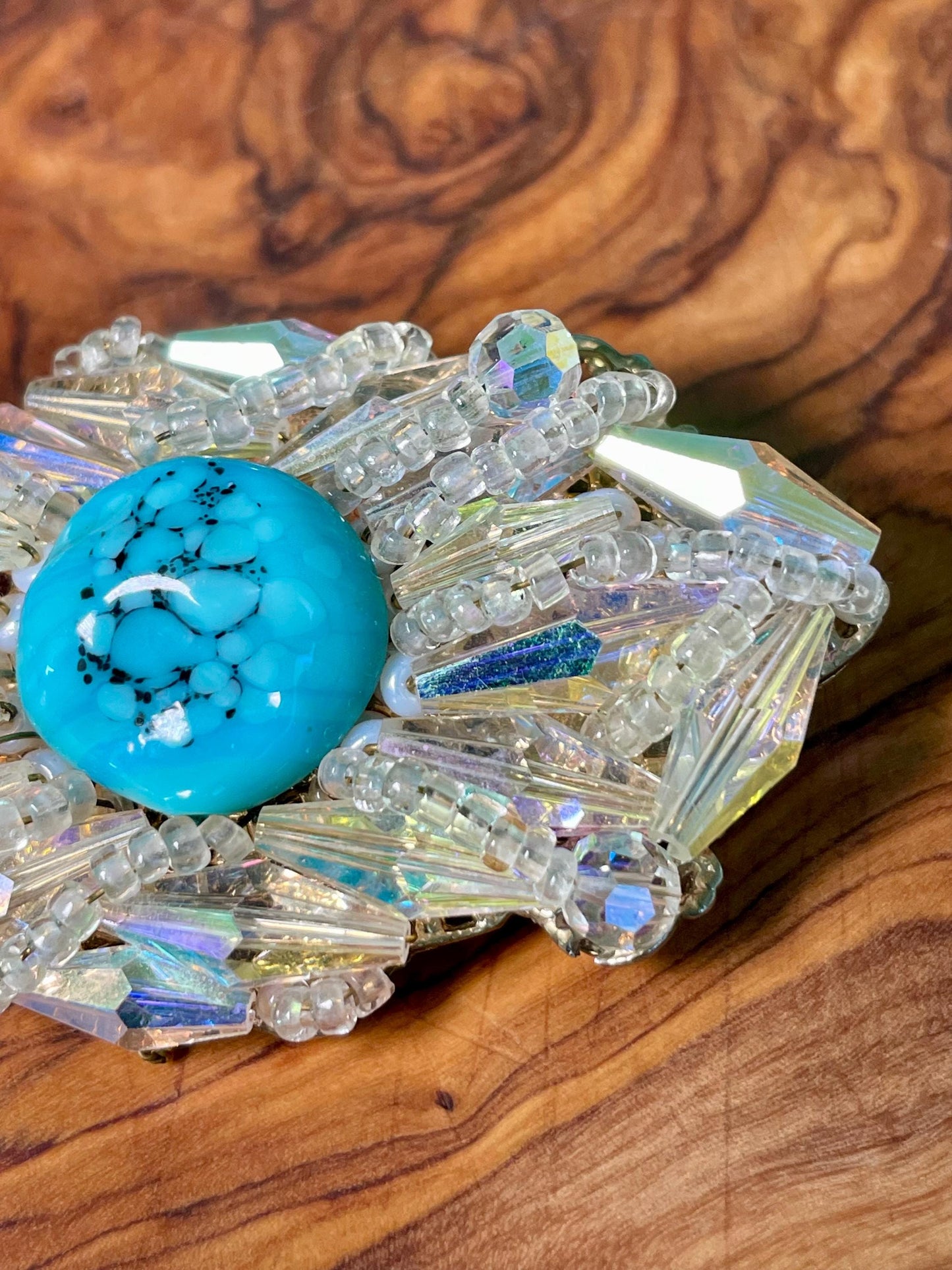 Amazing 3 x 1.25 inch Rhinestone Crystal Brooch Turquoise Center stone