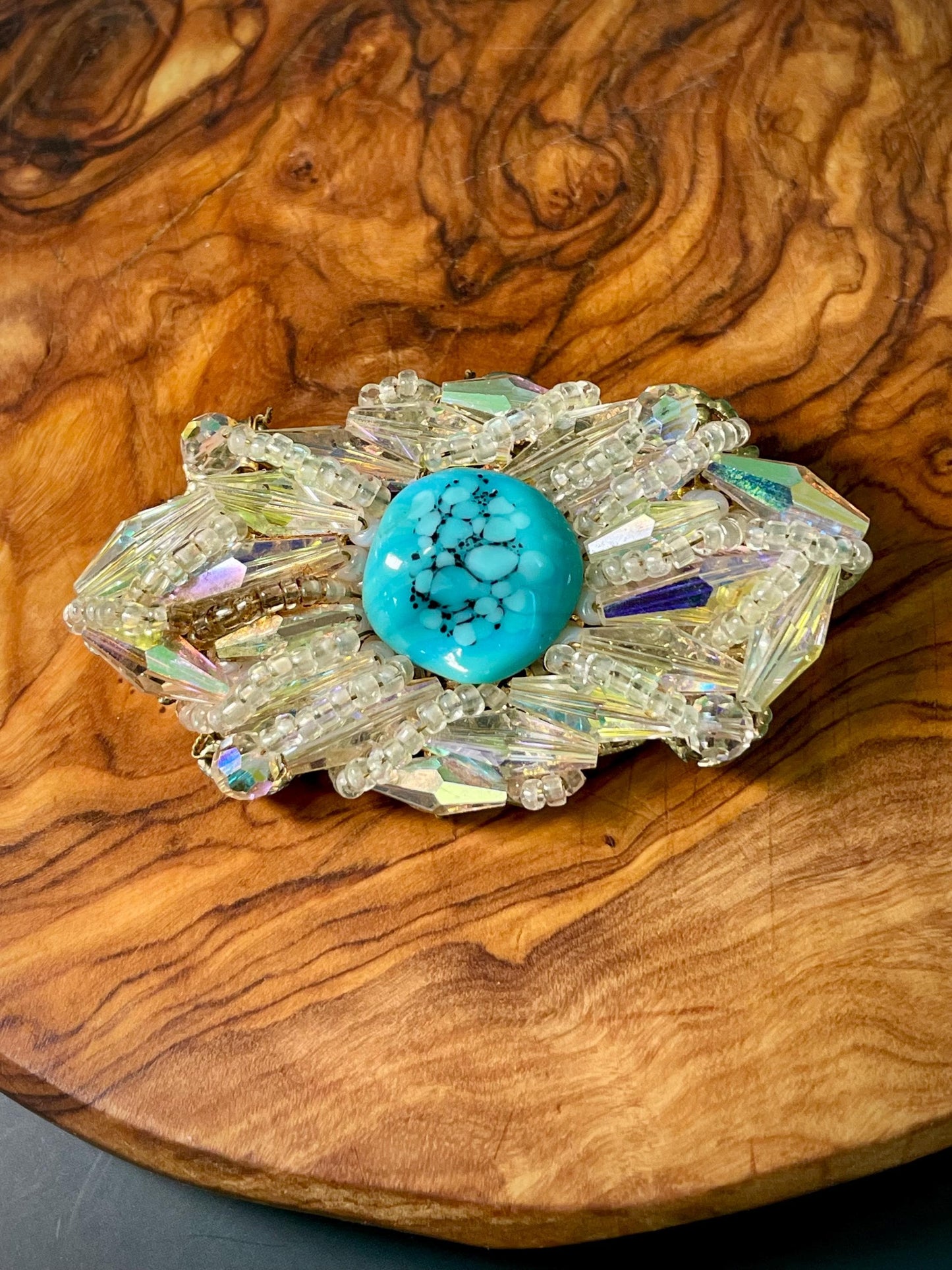 Amazing 3 x 1.25 inch Rhinestone Crystal Brooch Turquoise Center stone