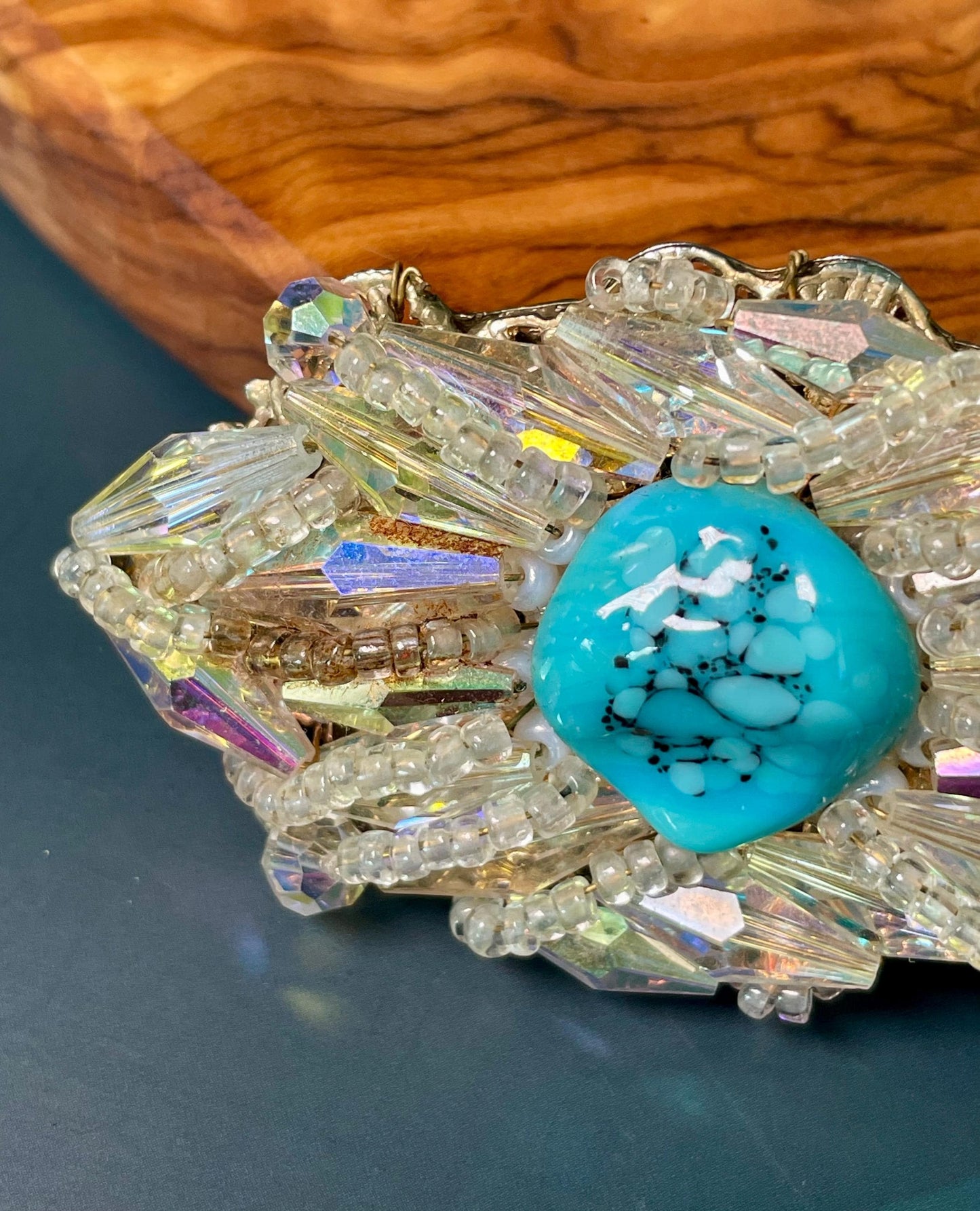 Amazing 3 x 1.25 inch Rhinestone Crystal Brooch Turquoise Center stone