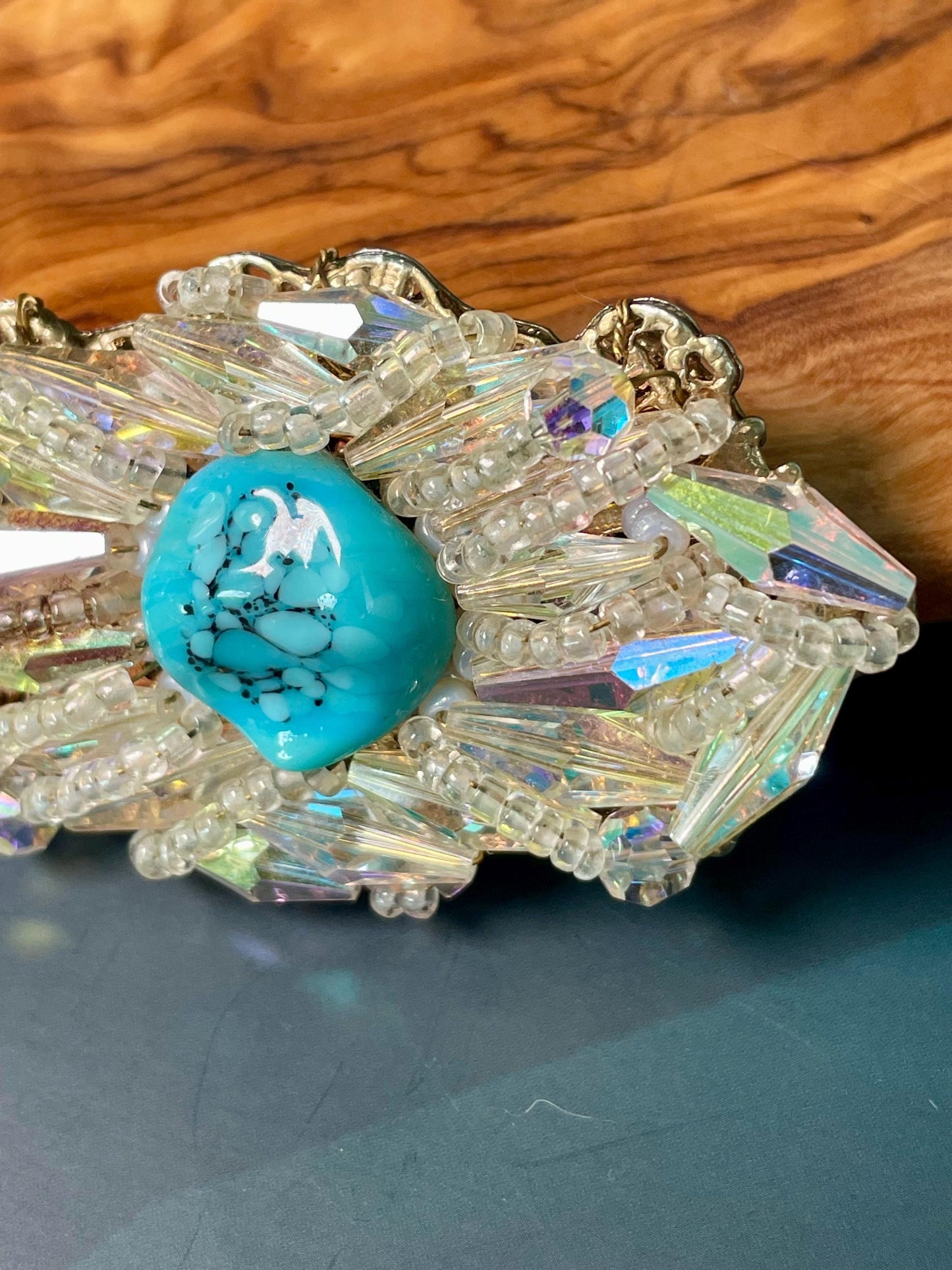 Amazing 3 x 1.25 inch Rhinestone Crystal Brooch Turquoise Center stone