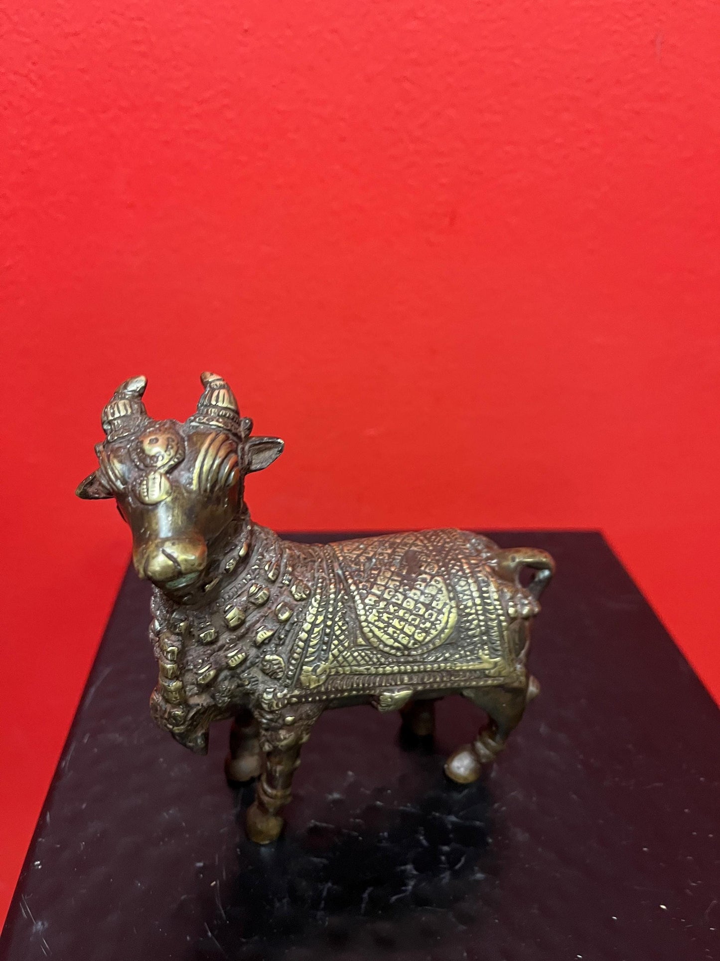 Approximately 18 century Nepalese bronze statue of a bull   Shabdakosh - with amazing patina  and gilding   heavy  4 x 4 inches long- wow