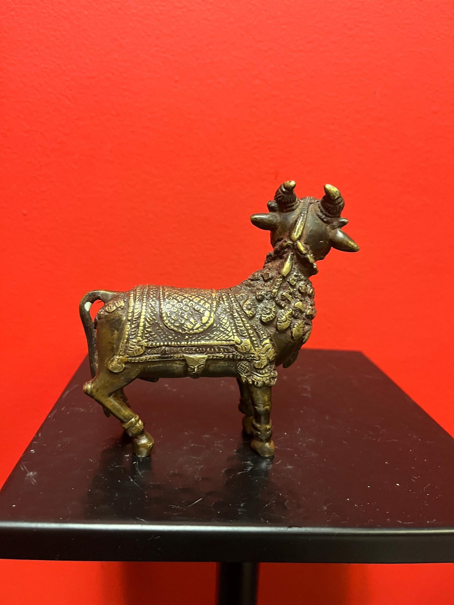 Approximately 18 century Nepalese bronze statue of a bull   Shabdakosh - with amazing patina  and gilding   heavy  4 x 4 inches long- wow