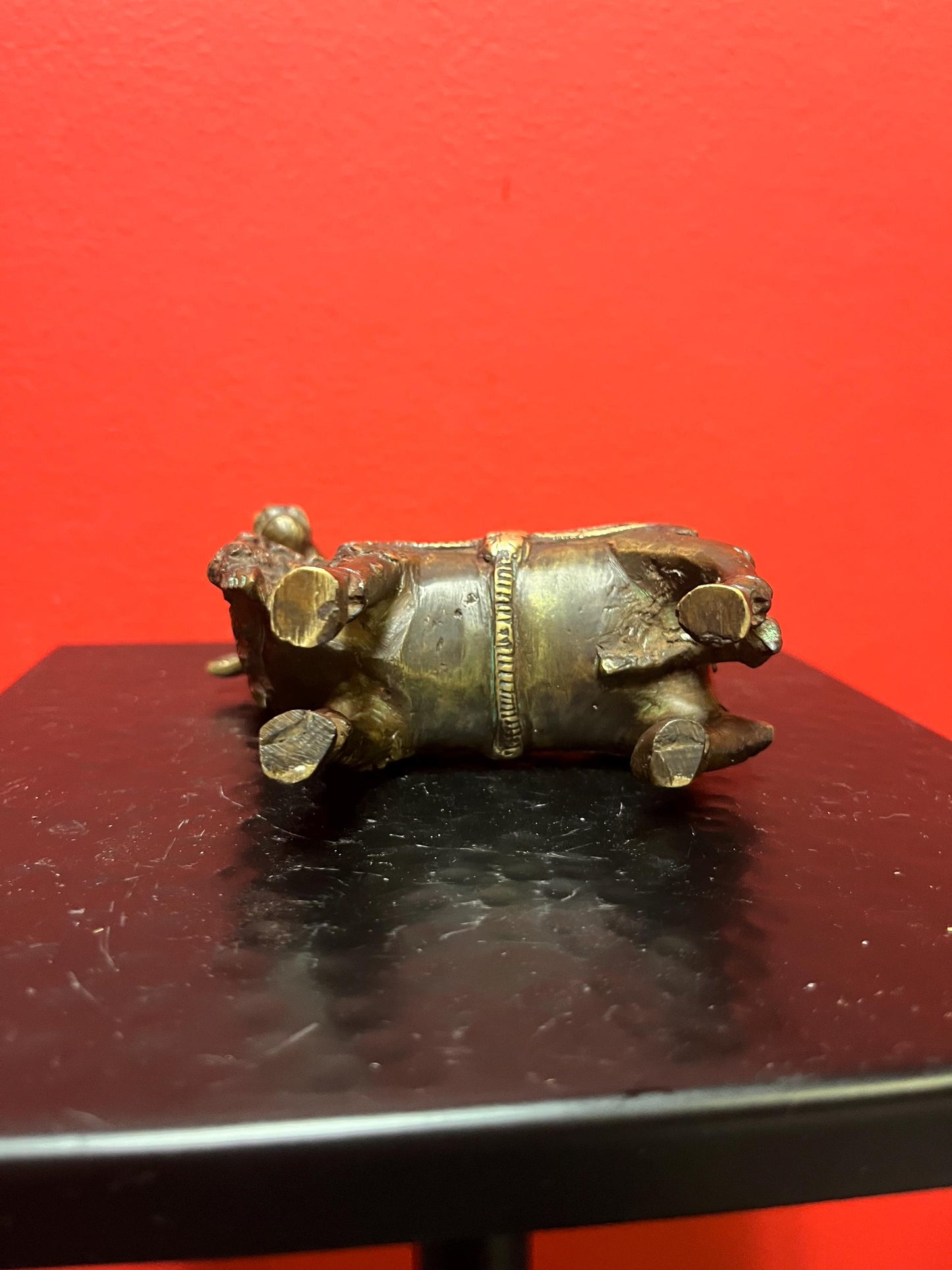 Approximately 18 century Nepalese bronze statue of a bull   Shabdakosh - with amazing patina  and gilding   heavy  4 x 4 inches long- wow
