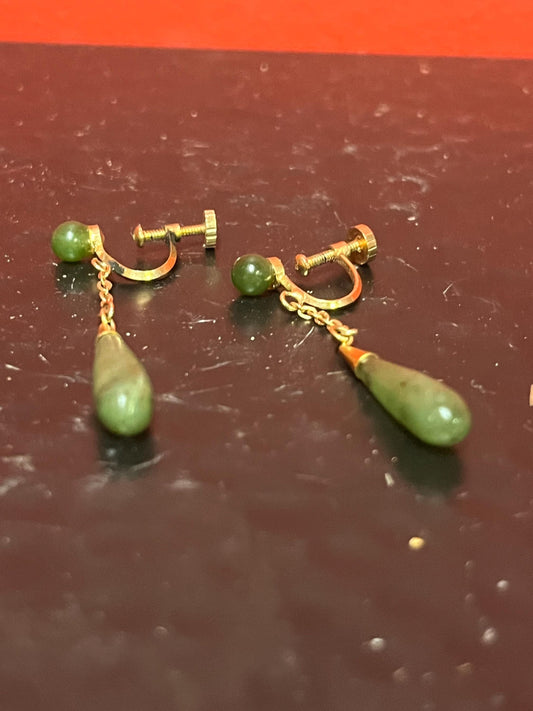 Pair of lovely Chinese untested gold and jade screw on earrings   great value