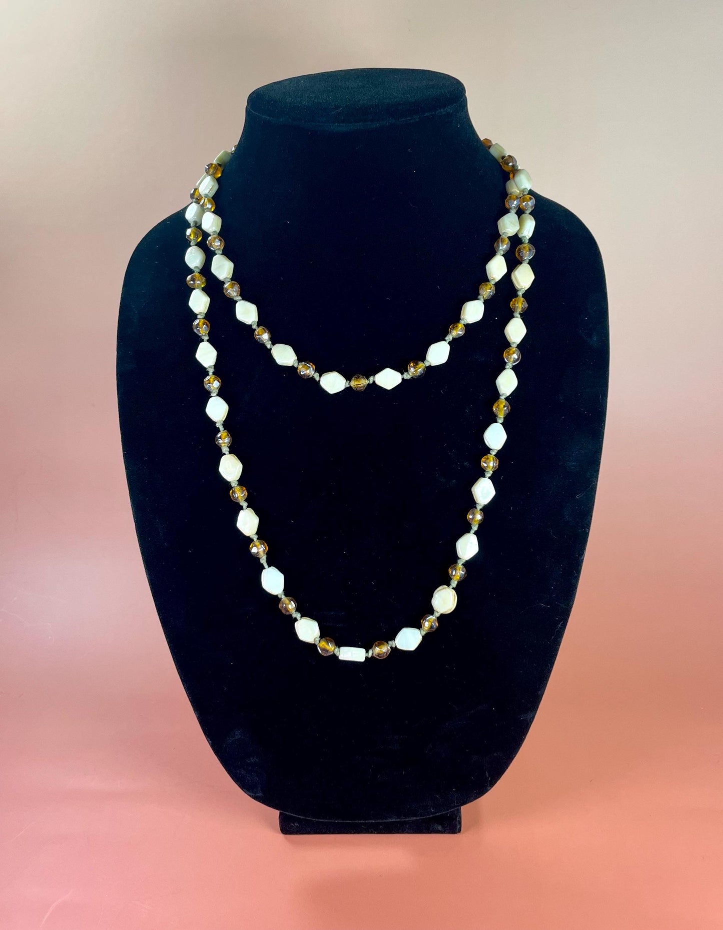 45 Amber and Pearl-Colored Beaded Necklace
