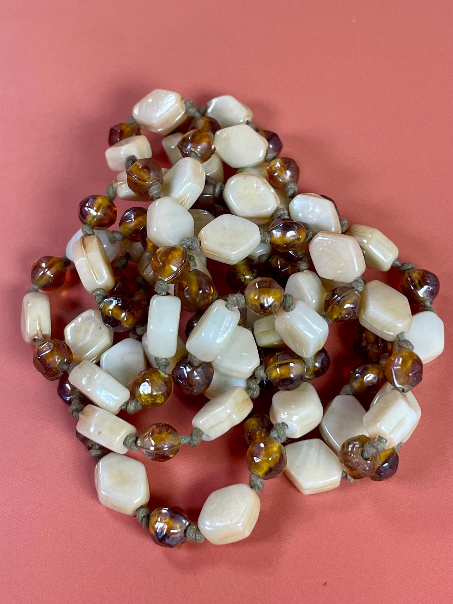 45 Amber and Pearl-Colored Beaded Necklace
