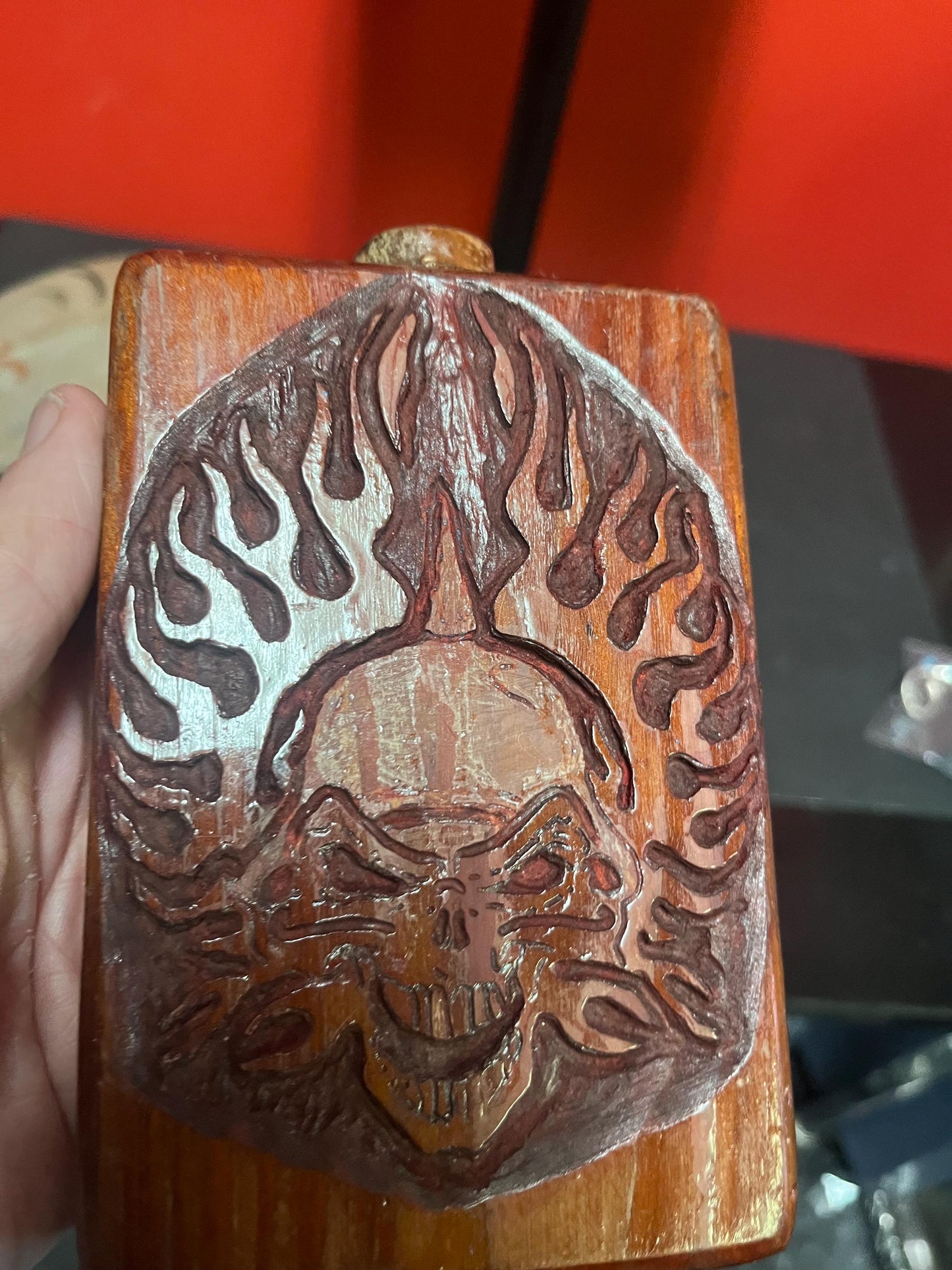 Lovely old 6 x 4 skull flask  ready to use unique wooden beauty