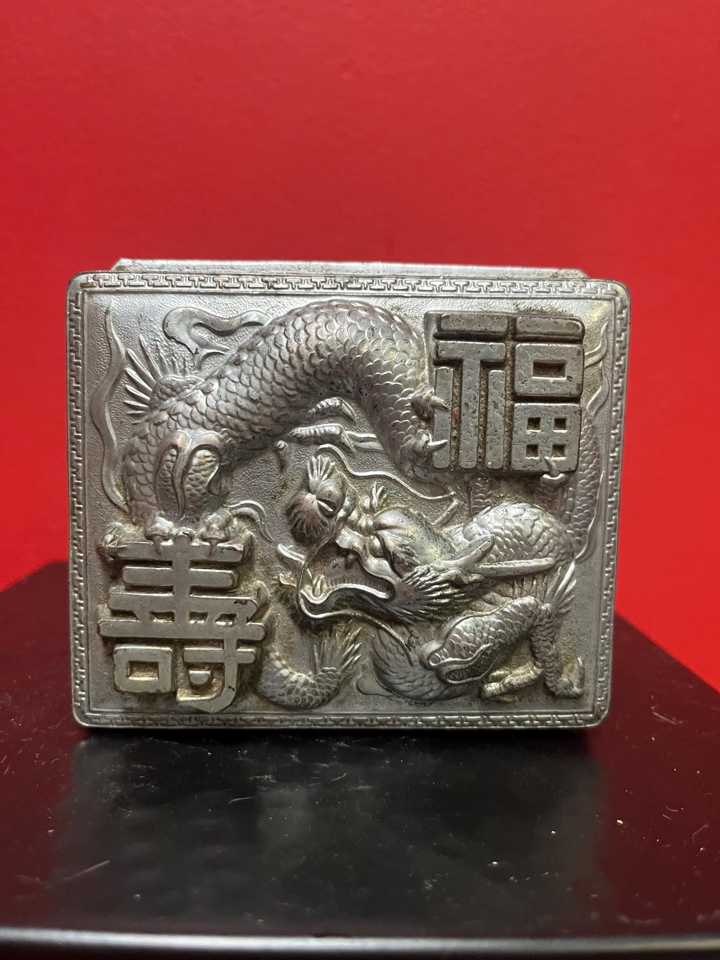 Very beautiful Japanese wood and metal dragon box  4 x 4 inches  great for Jewlery or cigarettes etc  perfect gift