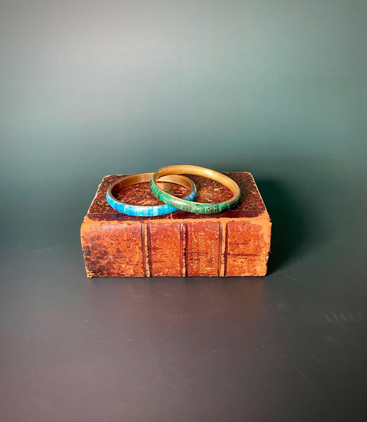 Set of Two 3 inch  Brass and Enamel Bracelets  Vibrant Green and Blue