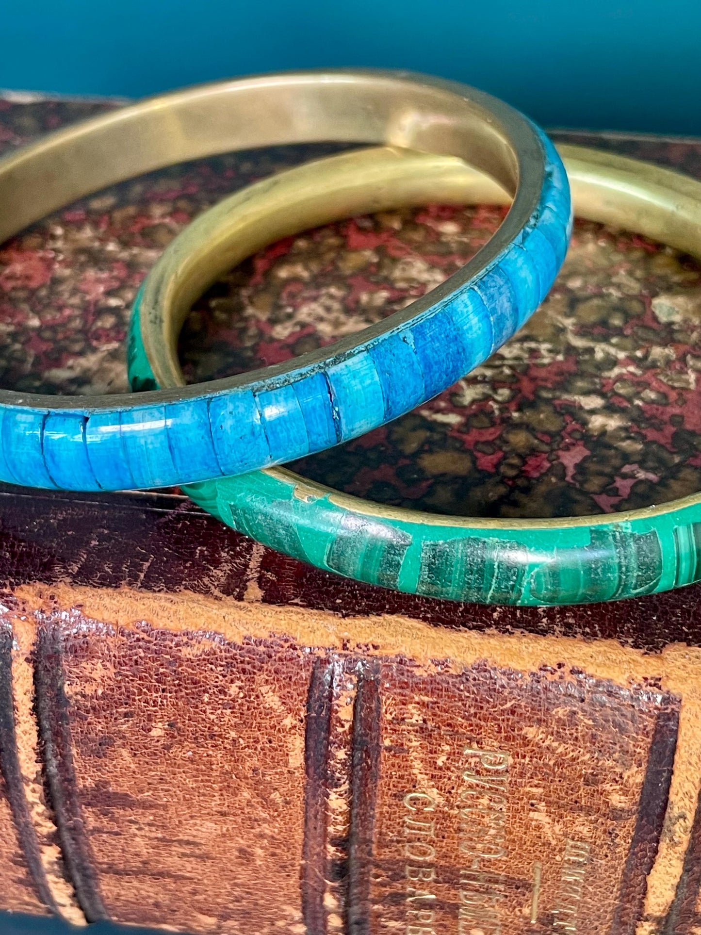 Set of Two 3 inch  Brass and Enamel Bracelets  Vibrant Green and Blue