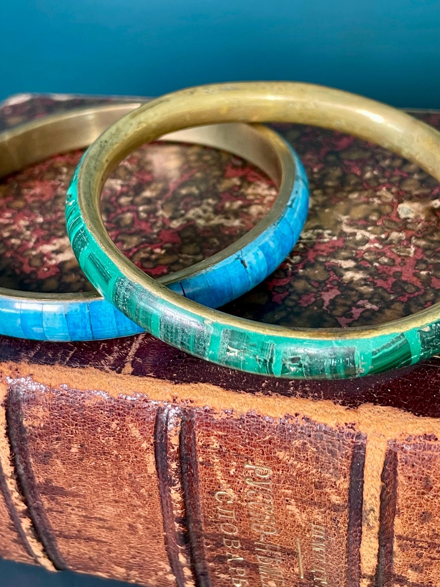 Set of Two 3 inch  Brass and Enamel Bracelets  Vibrant Green and Blue