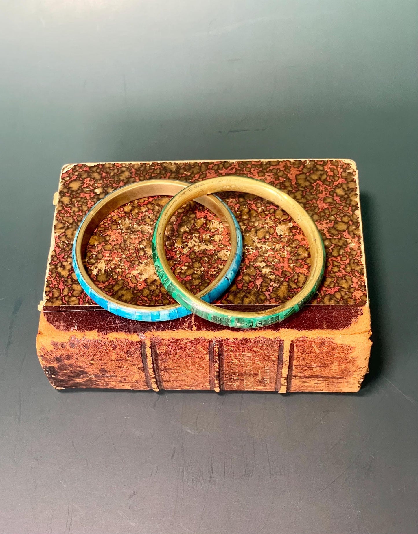 Set of Two 3 inch  Brass and Enamel Bracelets  Vibrant Green and Blue