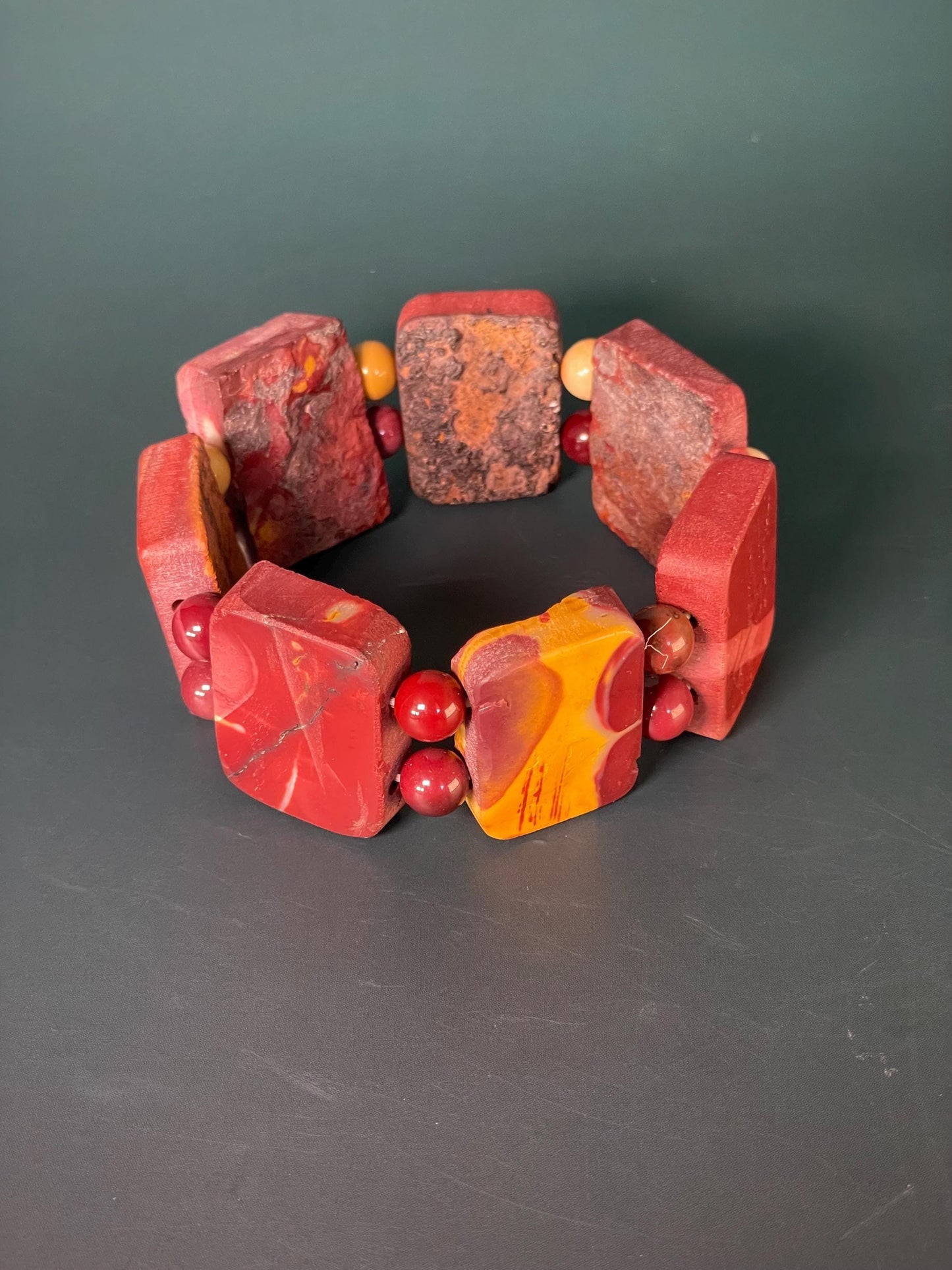 Vibrant Red and Yellow Polished Stone Bracelet - 3 inches