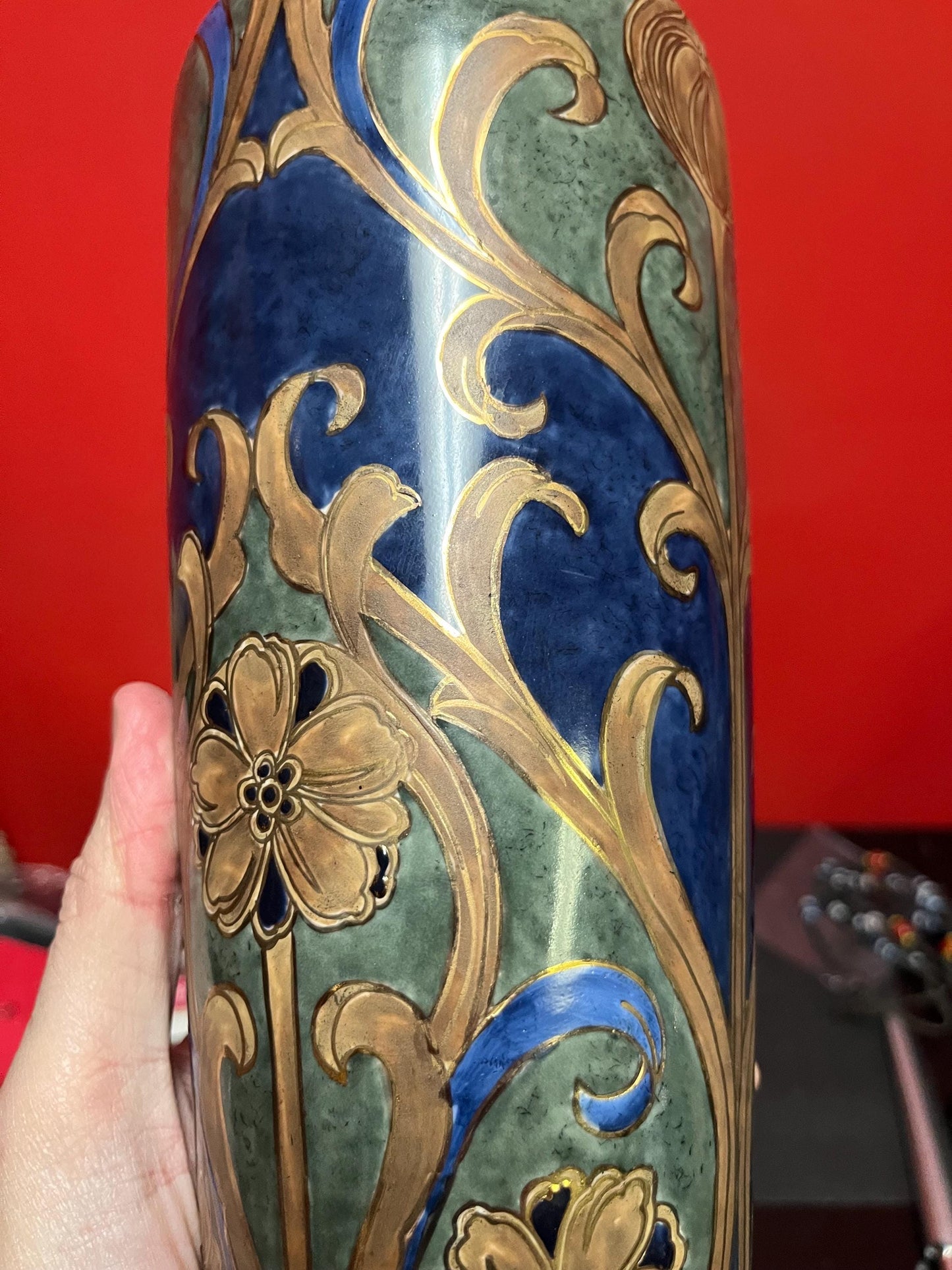 19 inch tall stunning antique European signed vase  art nouveau special  mint condition