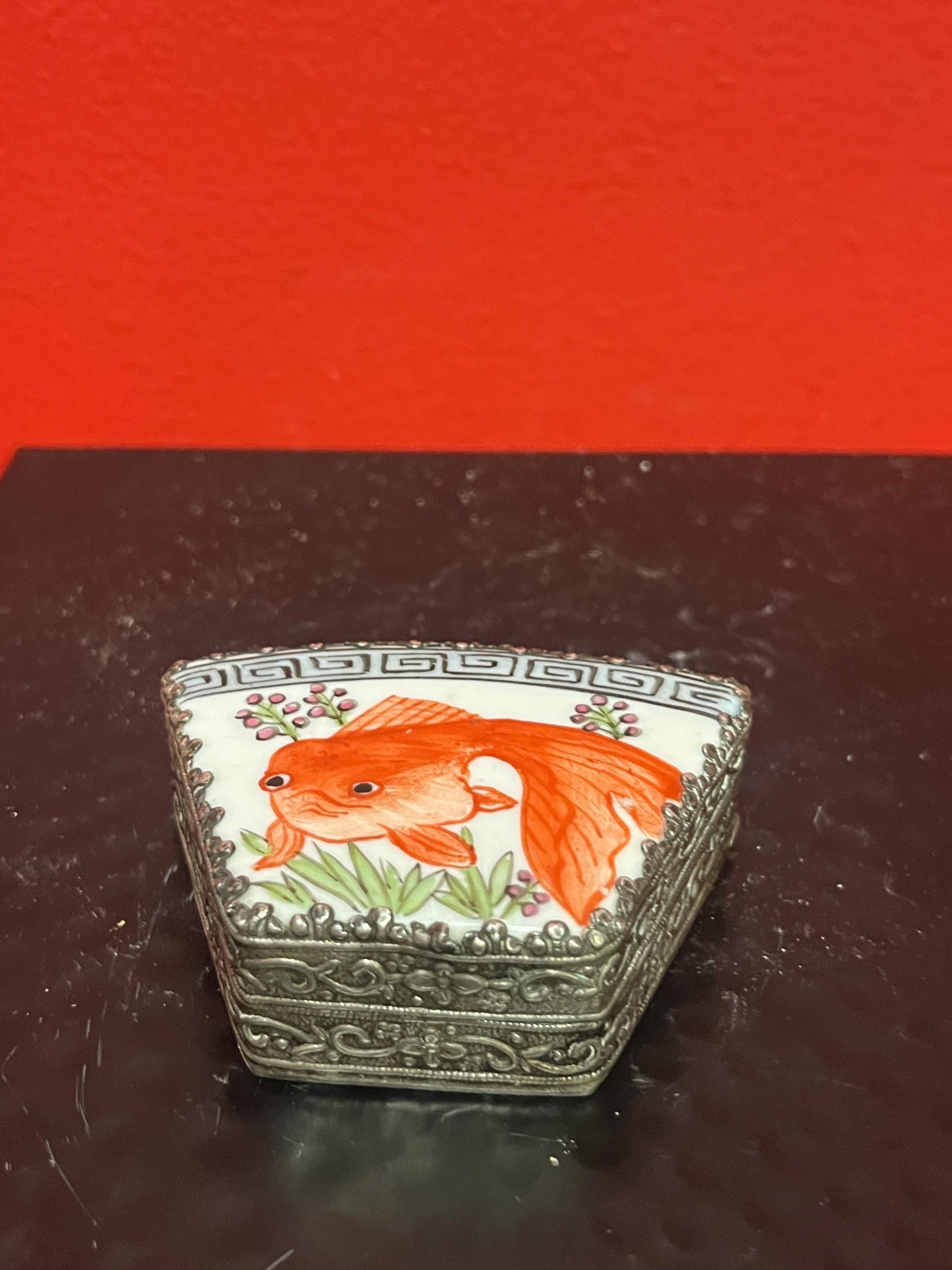cool 3 inch  Asian untested silver and porcelain koi box