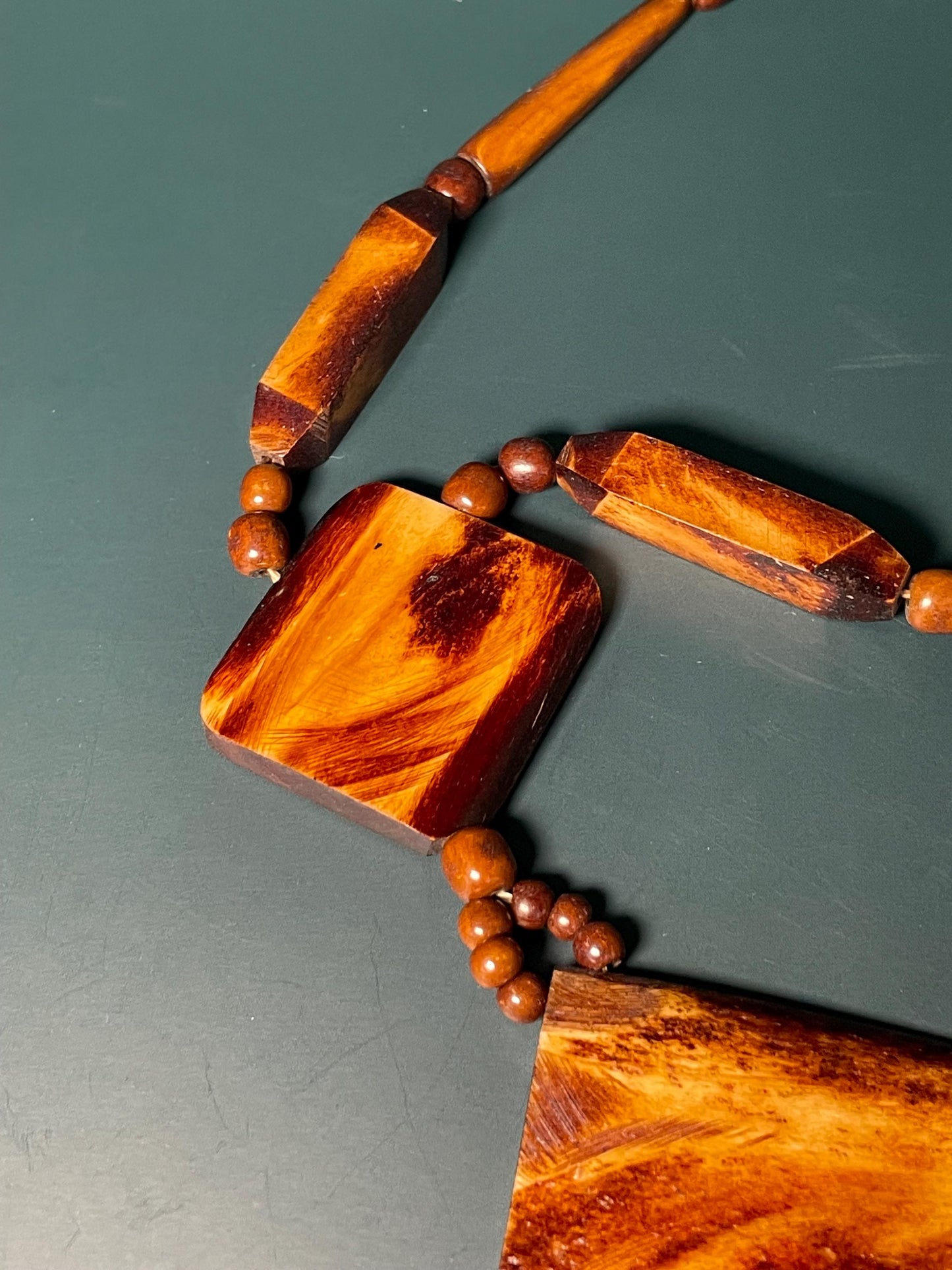 20" Polished Wood Bead Necklace with 5 Diamond-Shaped Pendant
