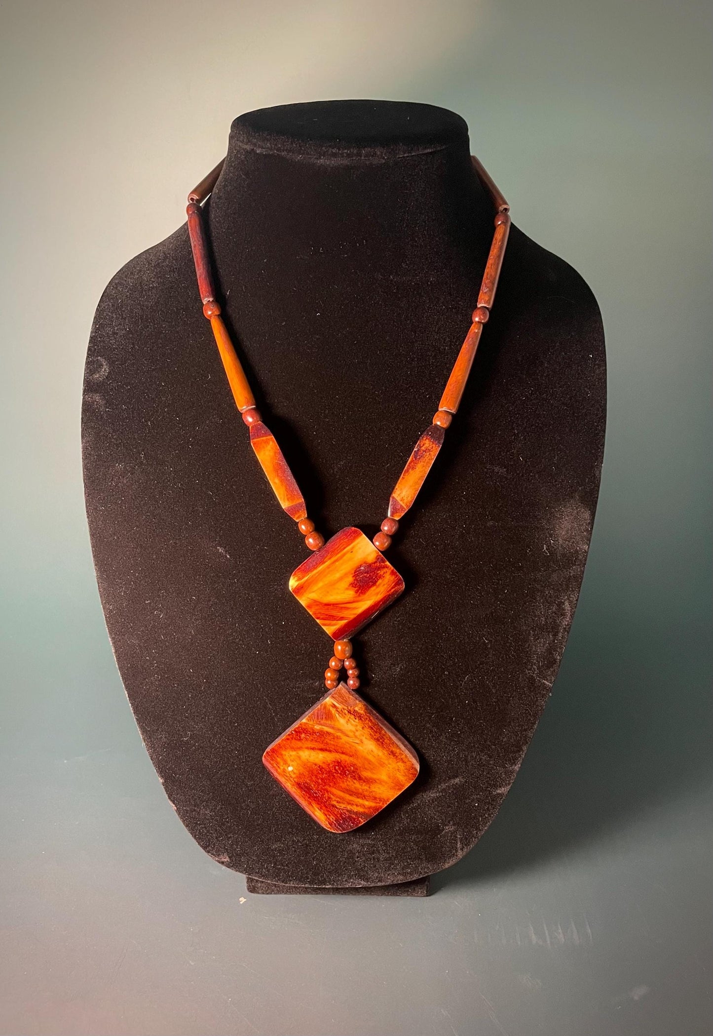 20" Polished Wood Bead Necklace with 5 Diamond-Shaped Pendant