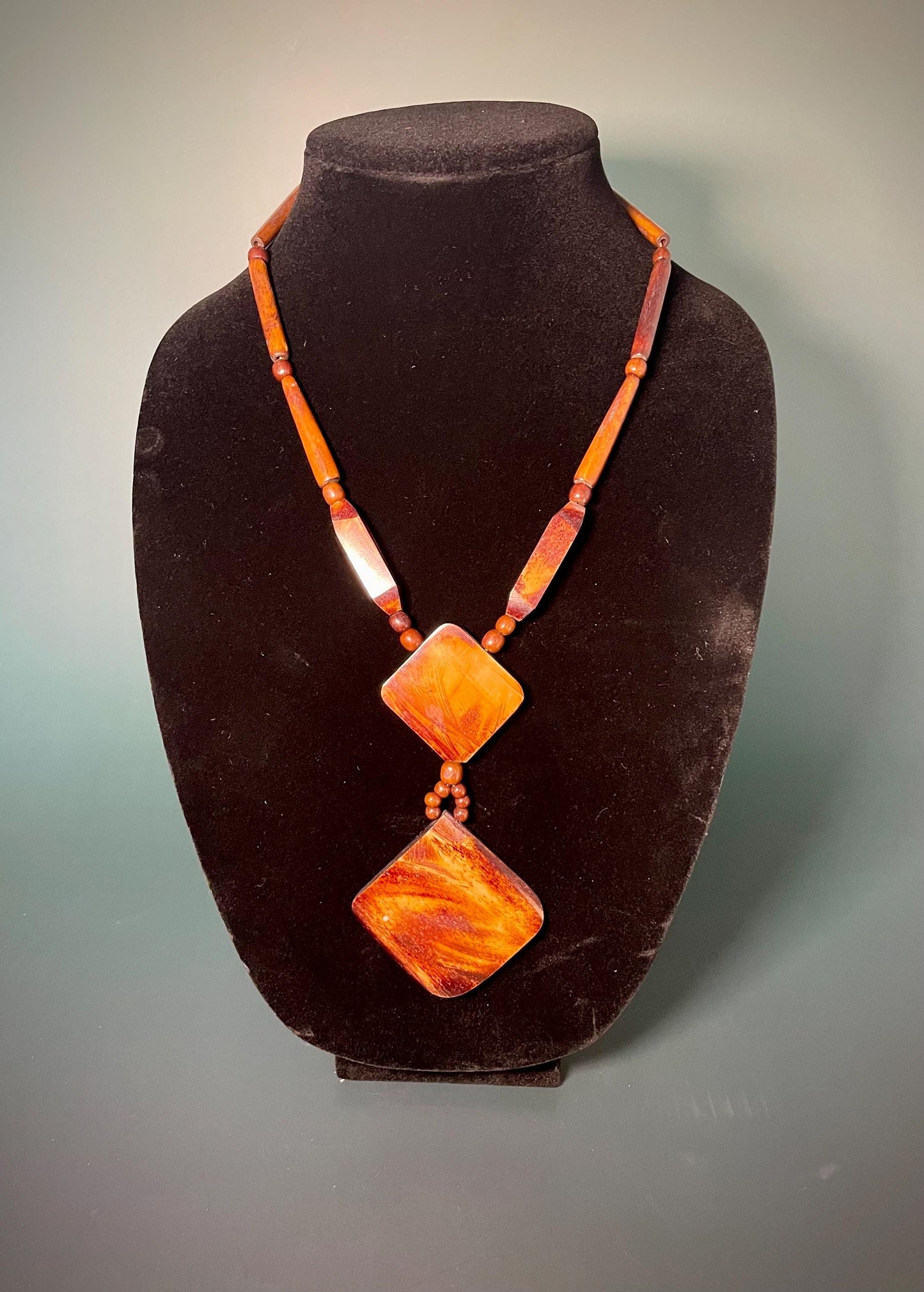 20" Polished Wood Bead Necklace with 5 Diamond-Shaped Pendant