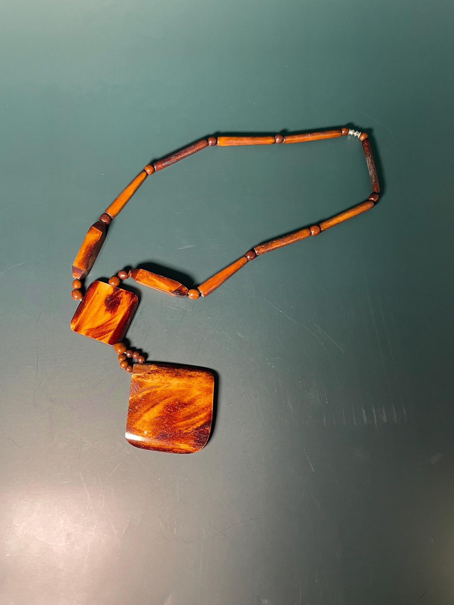 20" Polished Wood Bead Necklace with 5 Diamond-Shaped Pendant