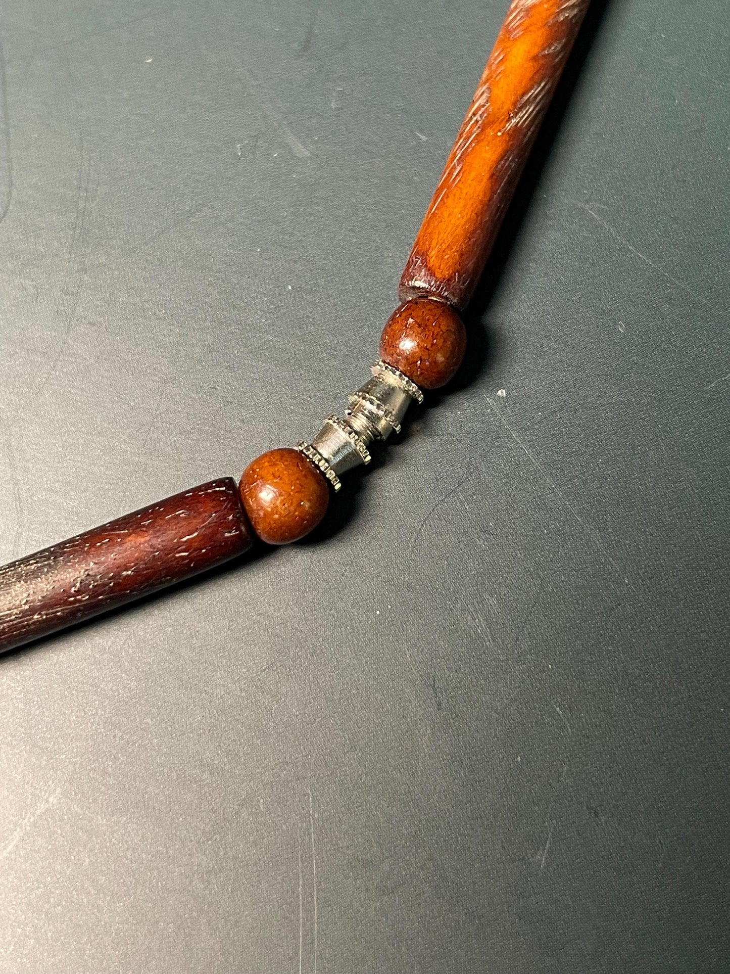 20" Polished Wood Bead Necklace with 5 Diamond-Shaped Pendant