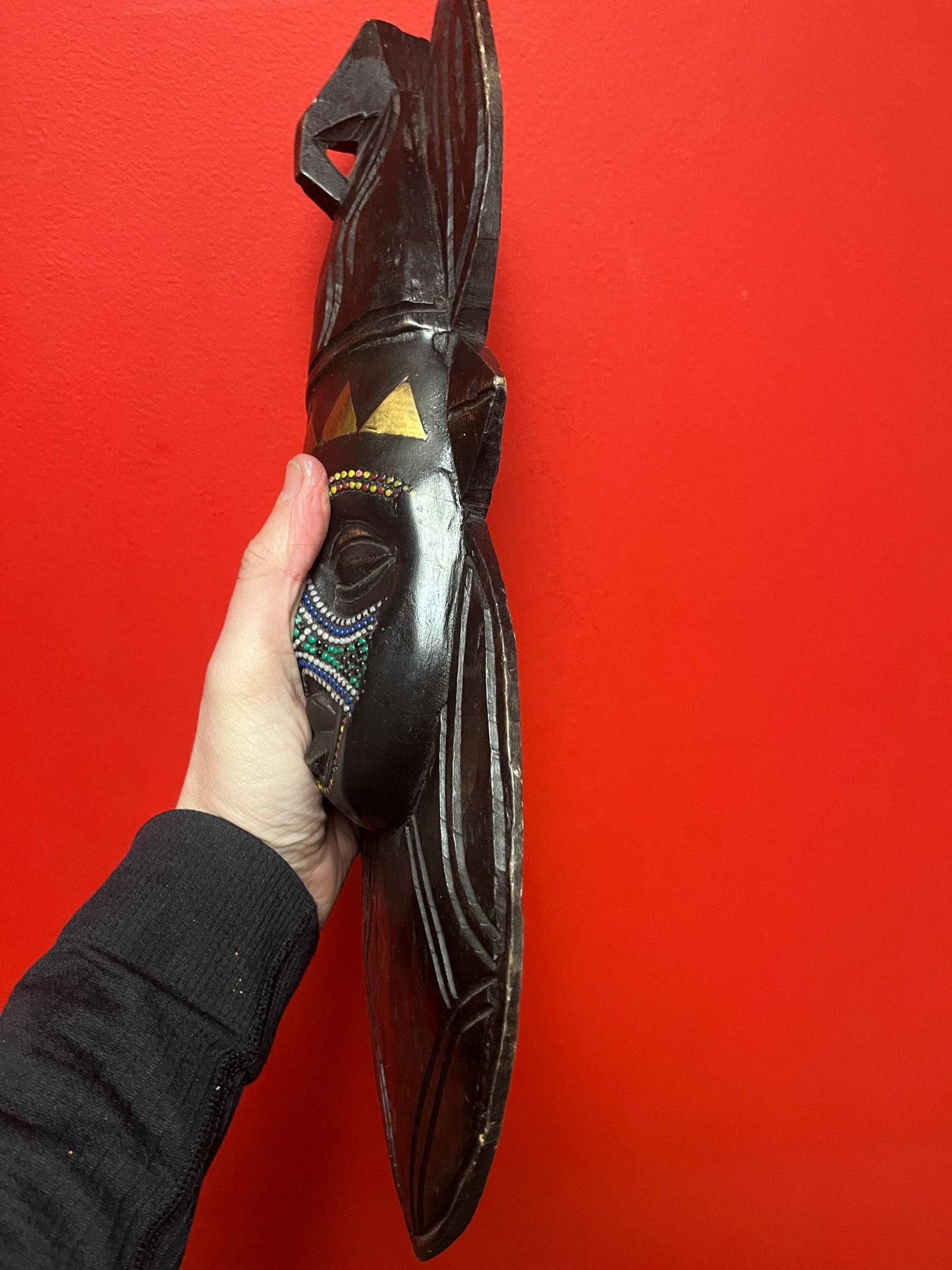 Beautiful African Ghana mask  17 inches long with couple beads missing  beautiful imagery- great value