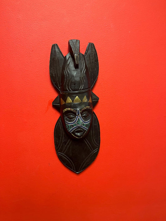 Beautiful African Ghana mask  17 inches long with couple beads missing  beautiful imagery- great value